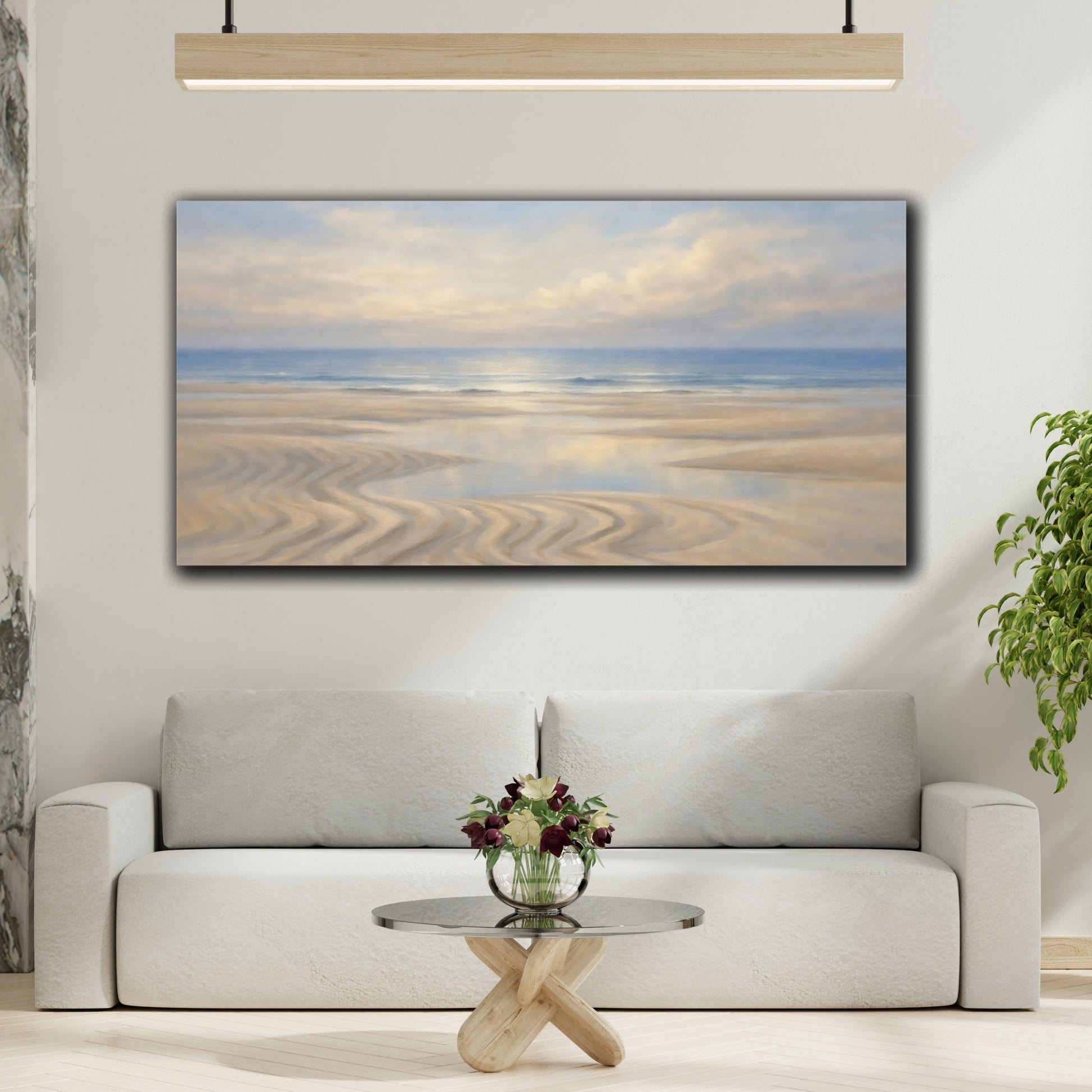 Mockup 3. Nature Beach Landscape Blue And Sand shown as stretched canvas wall art