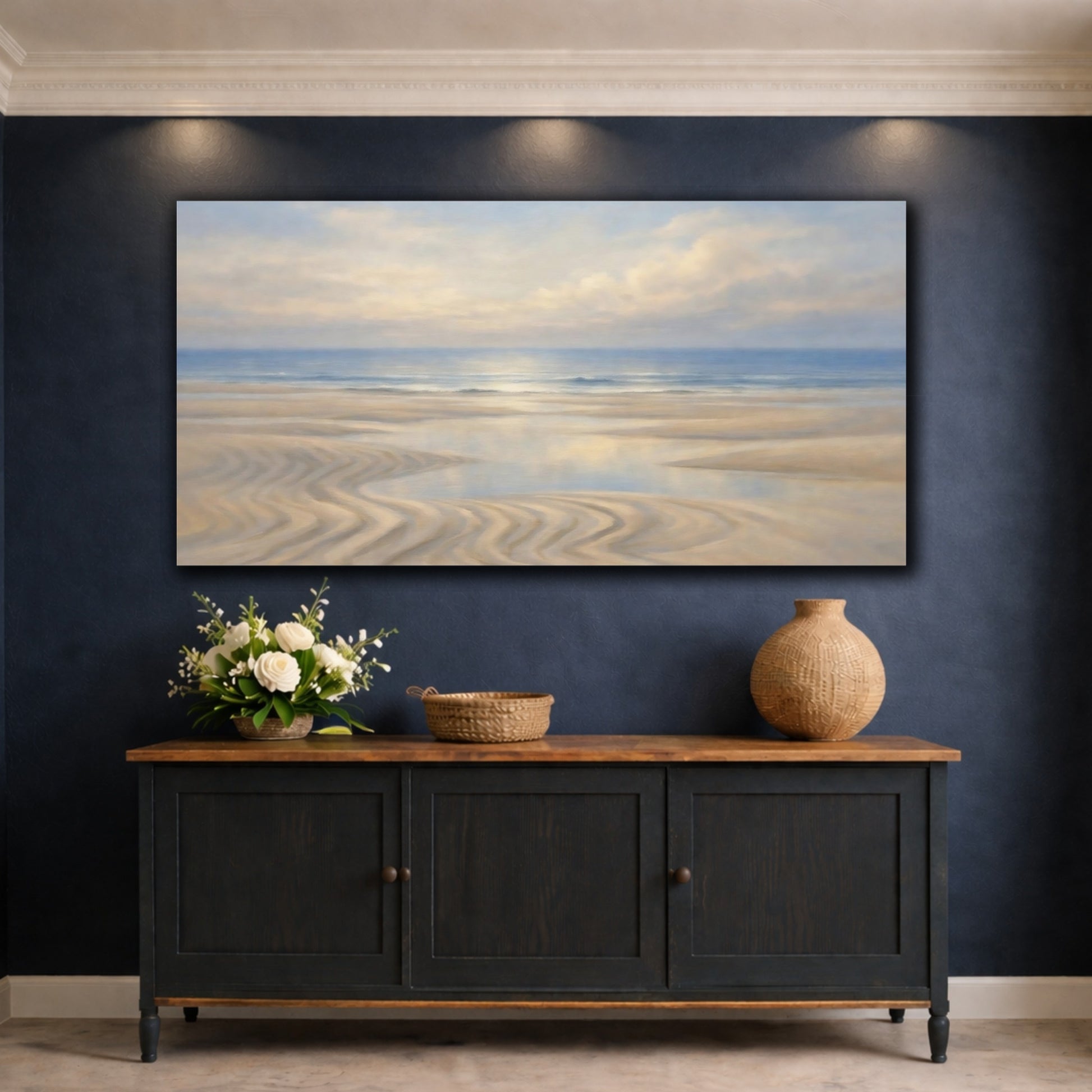 Mockup 4. Nature Beach Landscape Blue And Sand shown as stretched canvas wall art