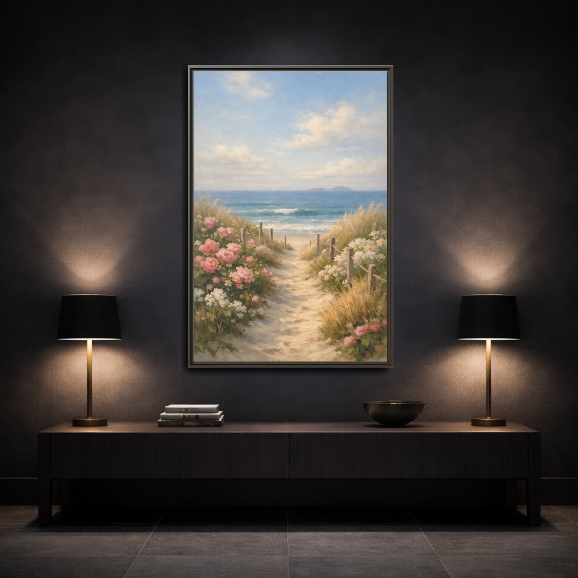 Mockup 2. Nature Beach Path Coastal Beach Scene shown as stretched canvas wall art