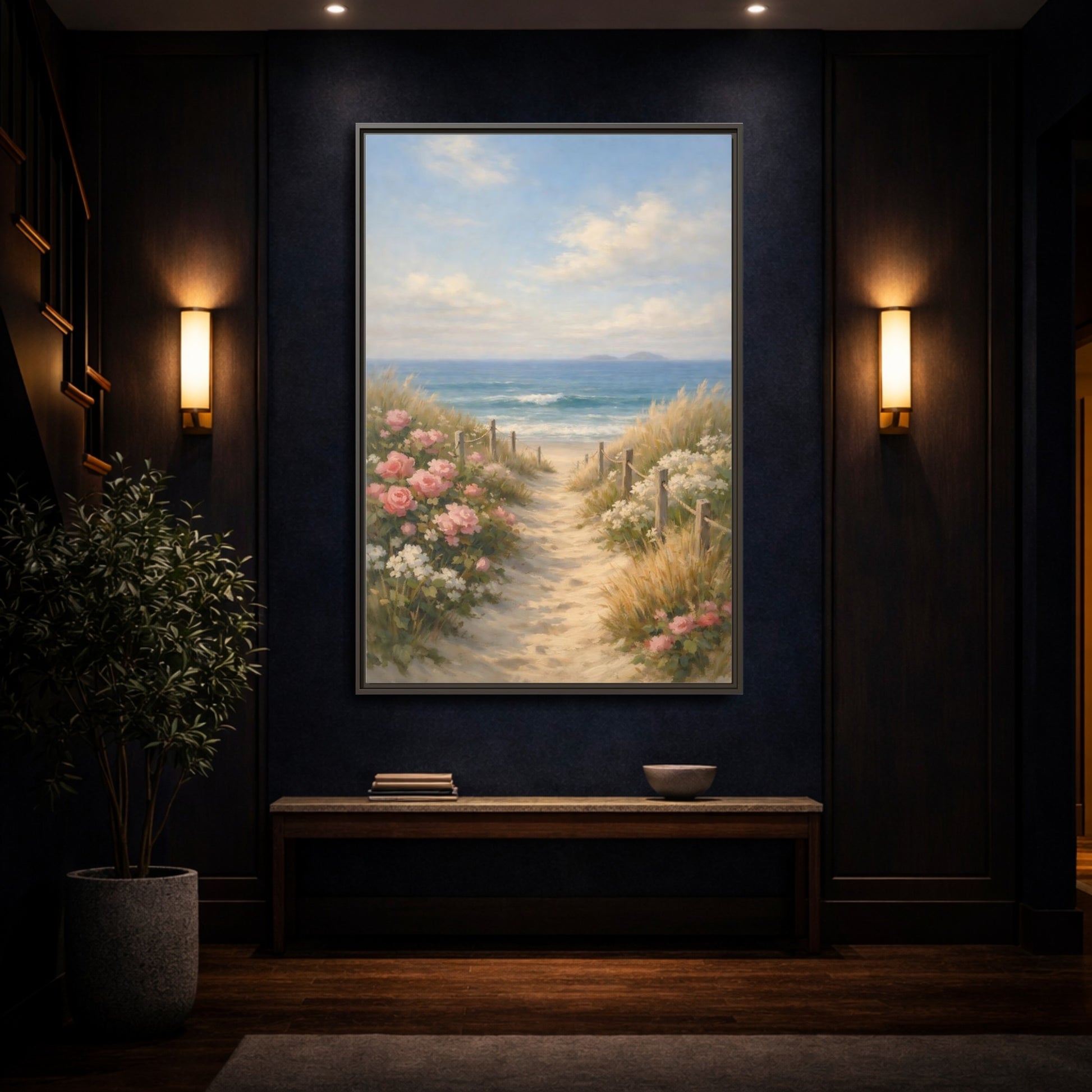 Mockup 3. Nature Beach Path Coastal Beach Scene shown as stretched canvas wall art