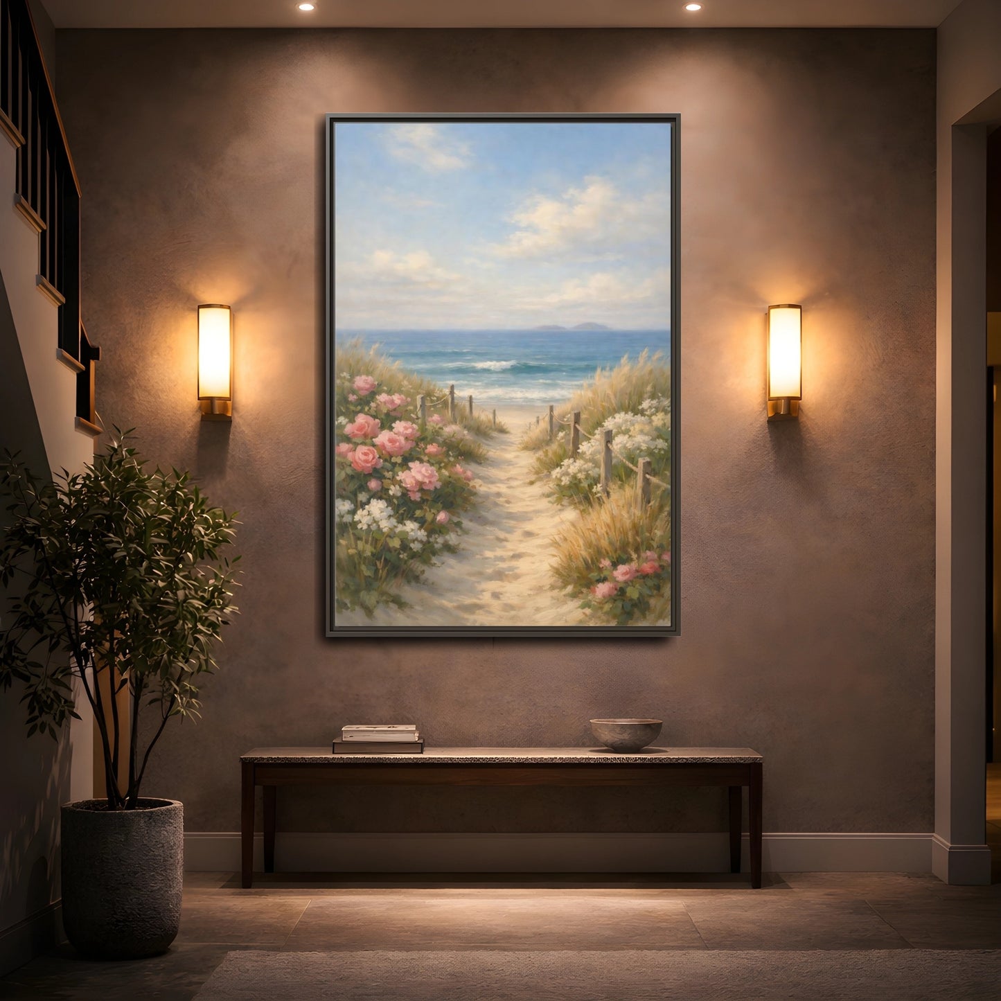 Mockup 4. Nature Beach Path Coastal Beach Scene shown as stretched canvas wall art