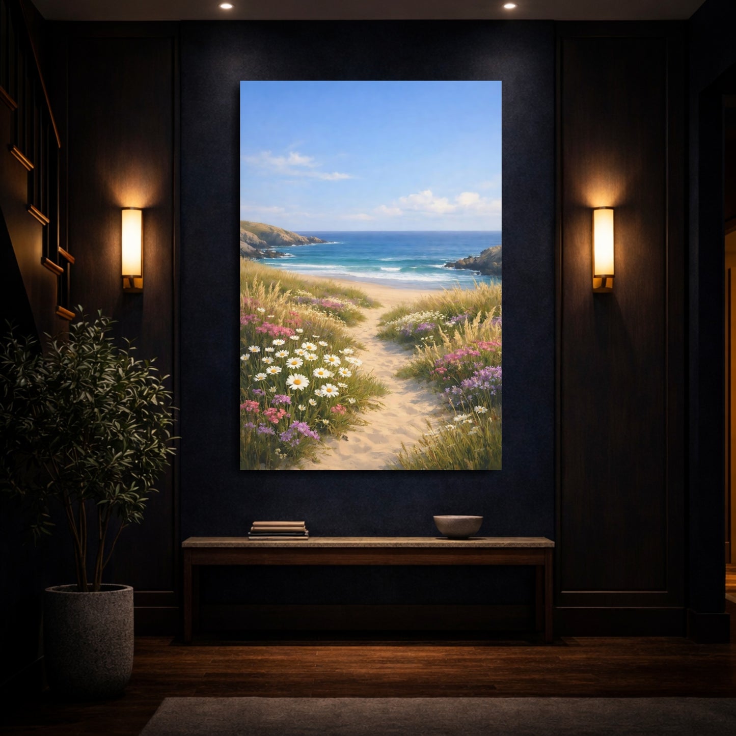 Mockup 3. Nature Beach Path Coastal Landscape shown as stretched canvas wall art