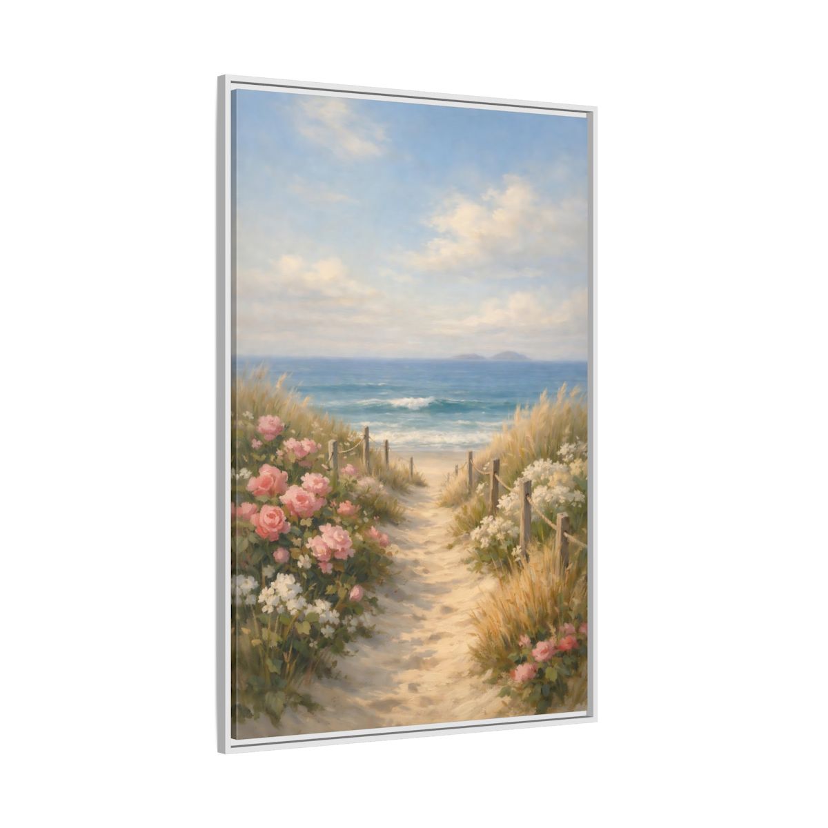 Side Mockup 7. Nature Beach Path Coastal Beach Scene shown as stretched canvas wall art
