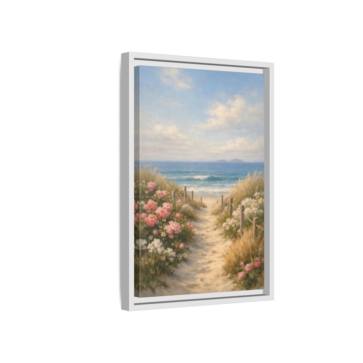 Side Mockup 4. Nature Beach Path Coastal Beach Scene shown as stretched canvas wall art