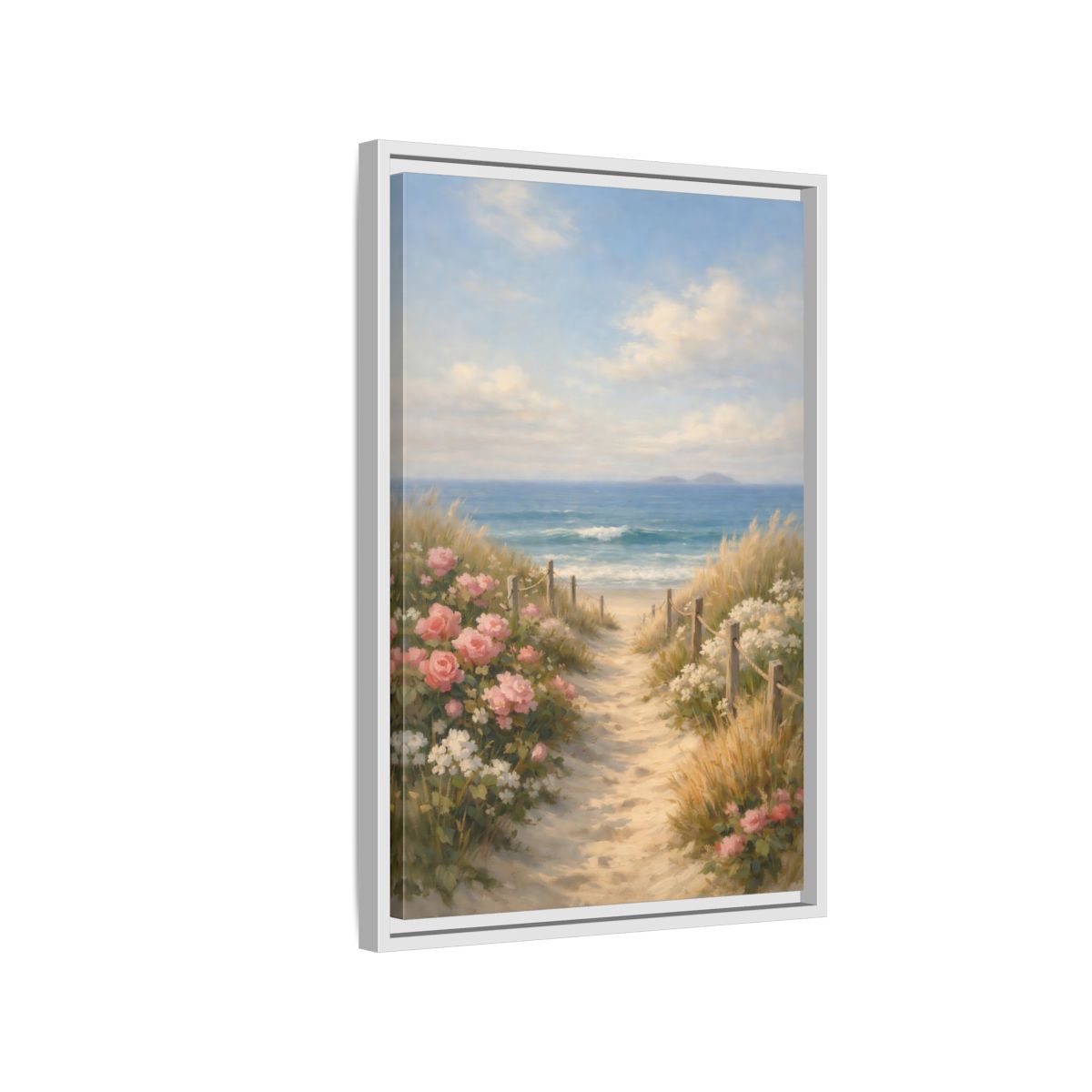 Side Mockup 1. Nature Beach Path Coastal Beach Scene shown as stretched canvas wall art