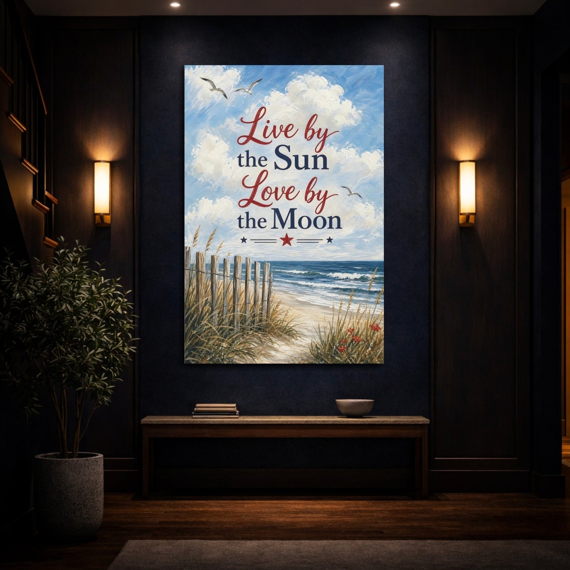 Nature Beach Scene Blue White Canvas Wall Art Print – Coastal Living Room, Above Console Table - YesArtYes