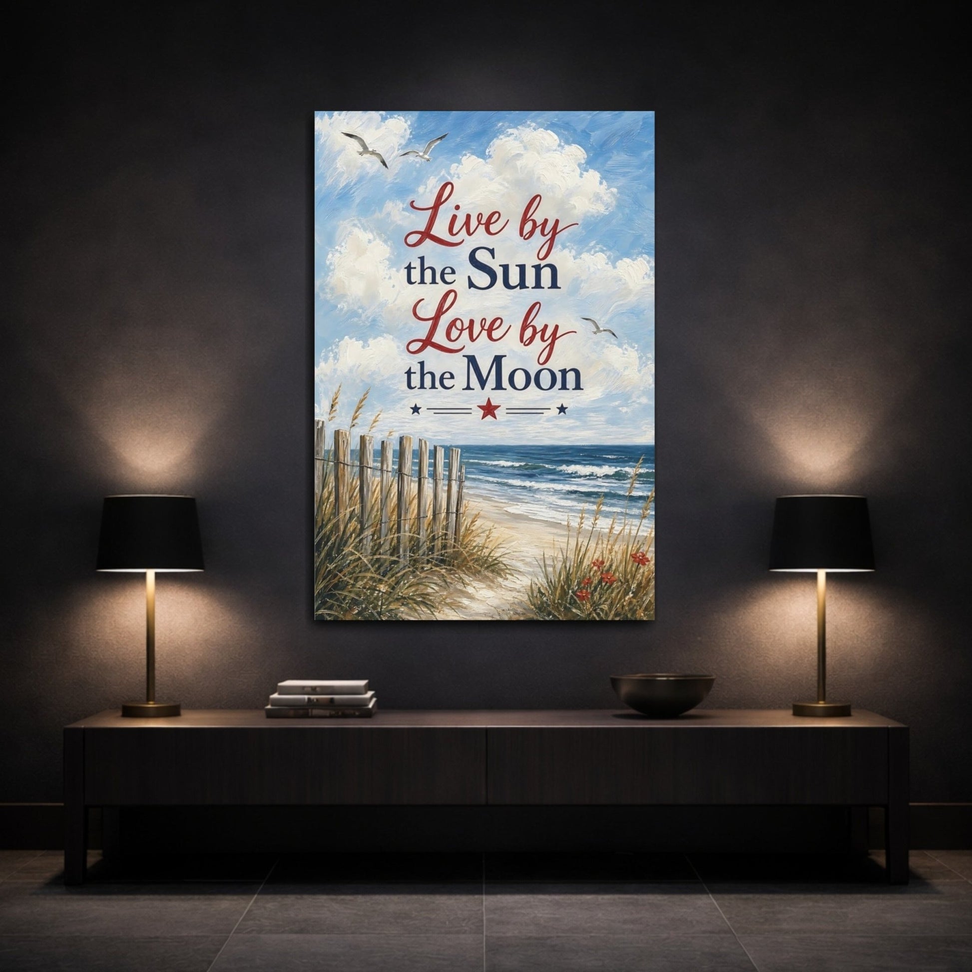 Nature Beach Scene Blue White Canvas Wall Art Print – Coastal Living Room, Above Console Table - YesArtYes
