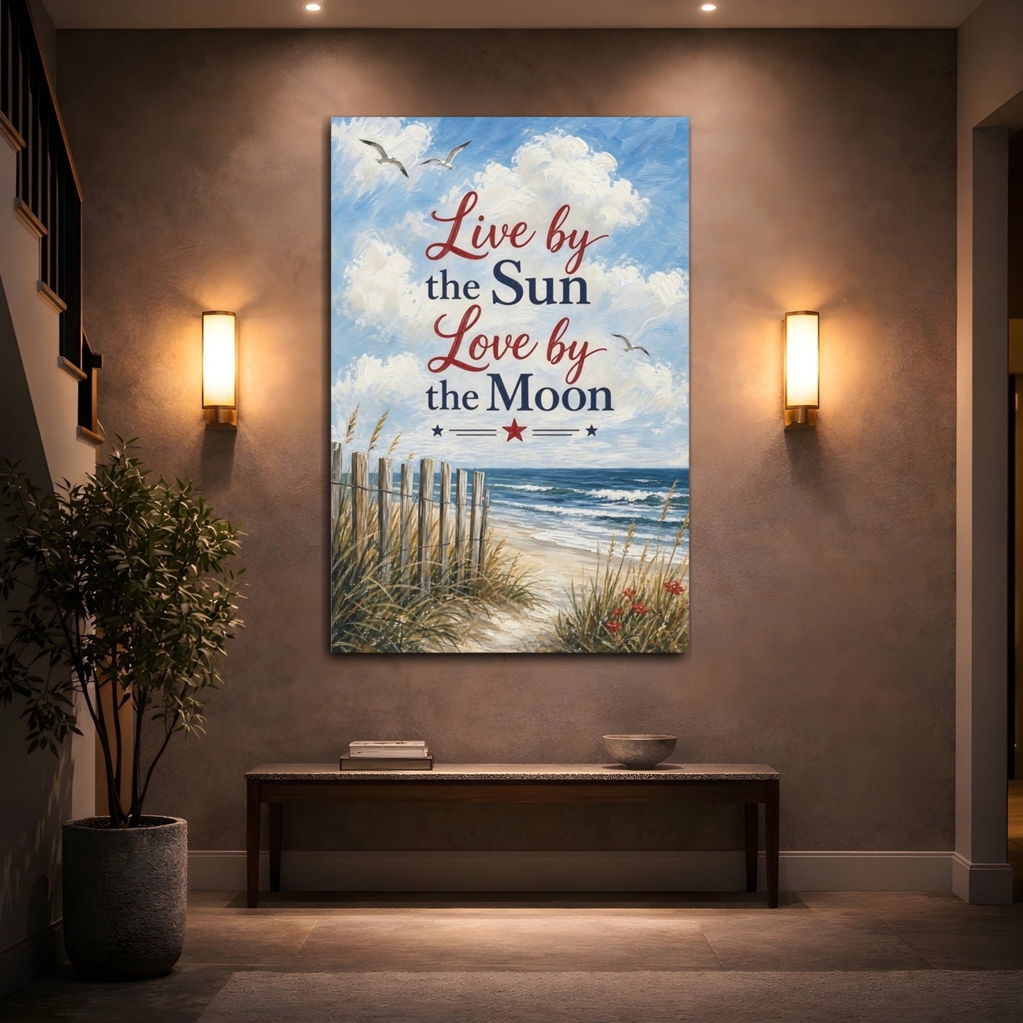 Nature Beach Scene Blue White Canvas Wall Art Print – Coastal Living Room, Above Console Table - YesArtYes