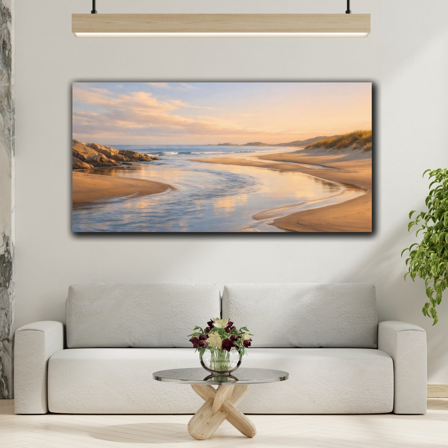 Mockup 3. Nature Beach Stream Golden Beach Landscape shown as stretched canvas wall art
