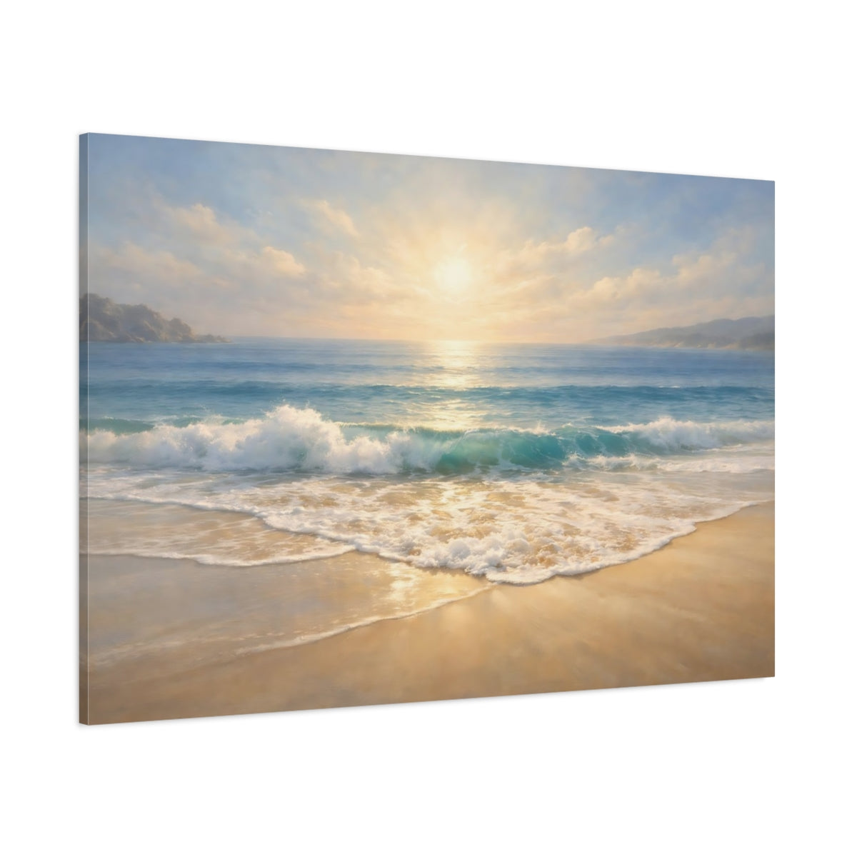 Main Mockup. Nature Beach Sunset Blue And Gold shown as stretched canvas wall art