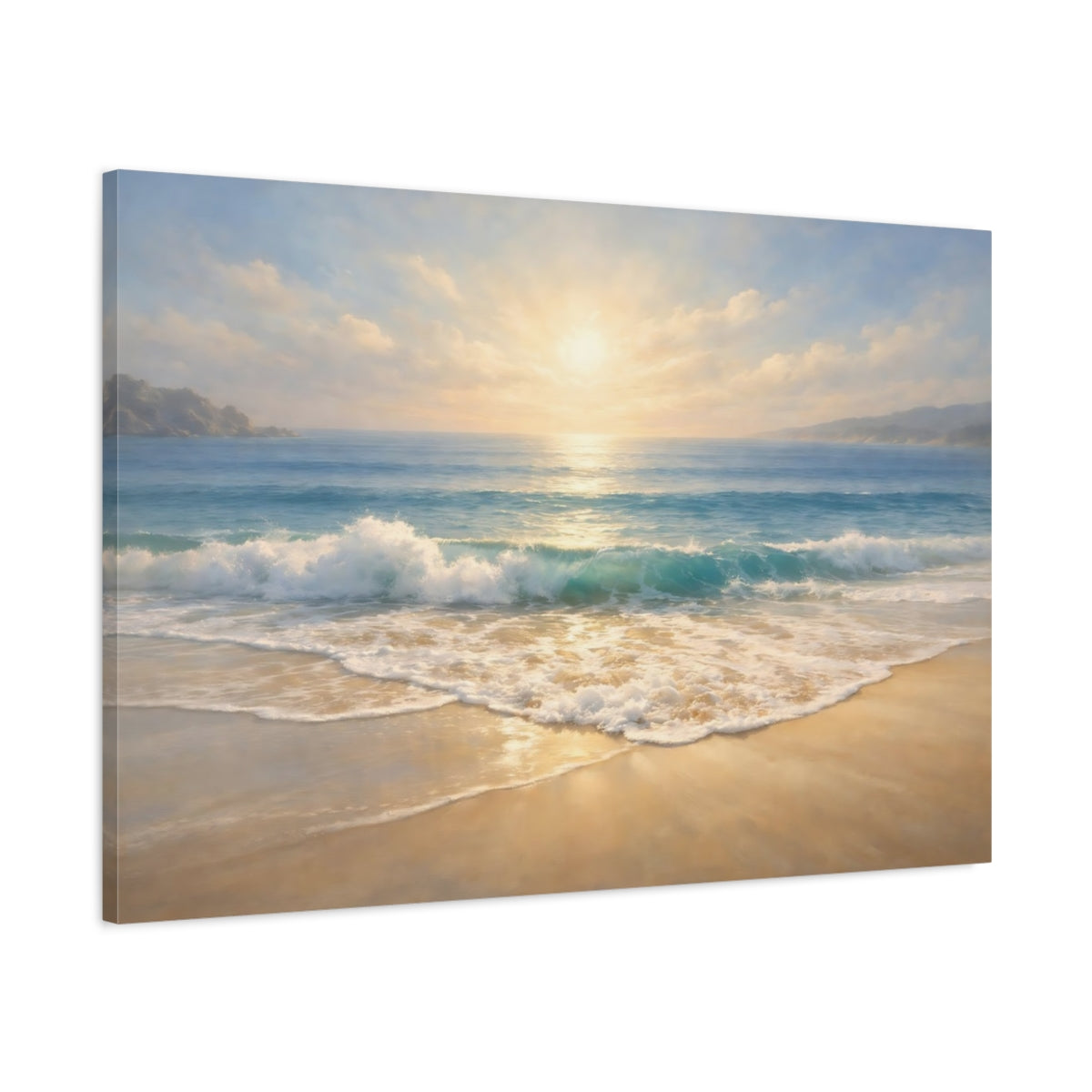 Side Mockup 1. Nature Beach Sunset Blue And Gold shown as stretched canvas wall art