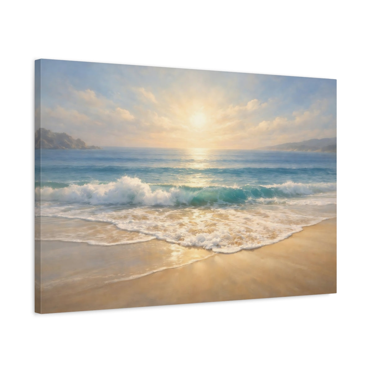 Side Mockup 2. Nature Beach Sunset Blue And Gold shown as stretched canvas wall art