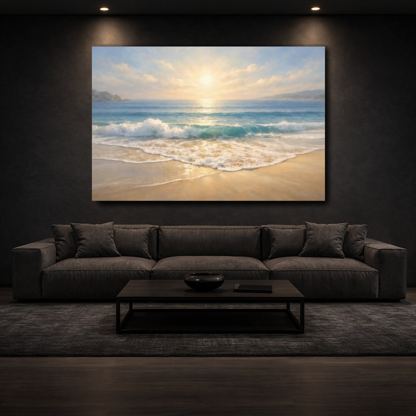 Mockup 2. Nature Beach Sunset Blue And Gold shown as stretched canvas wall art