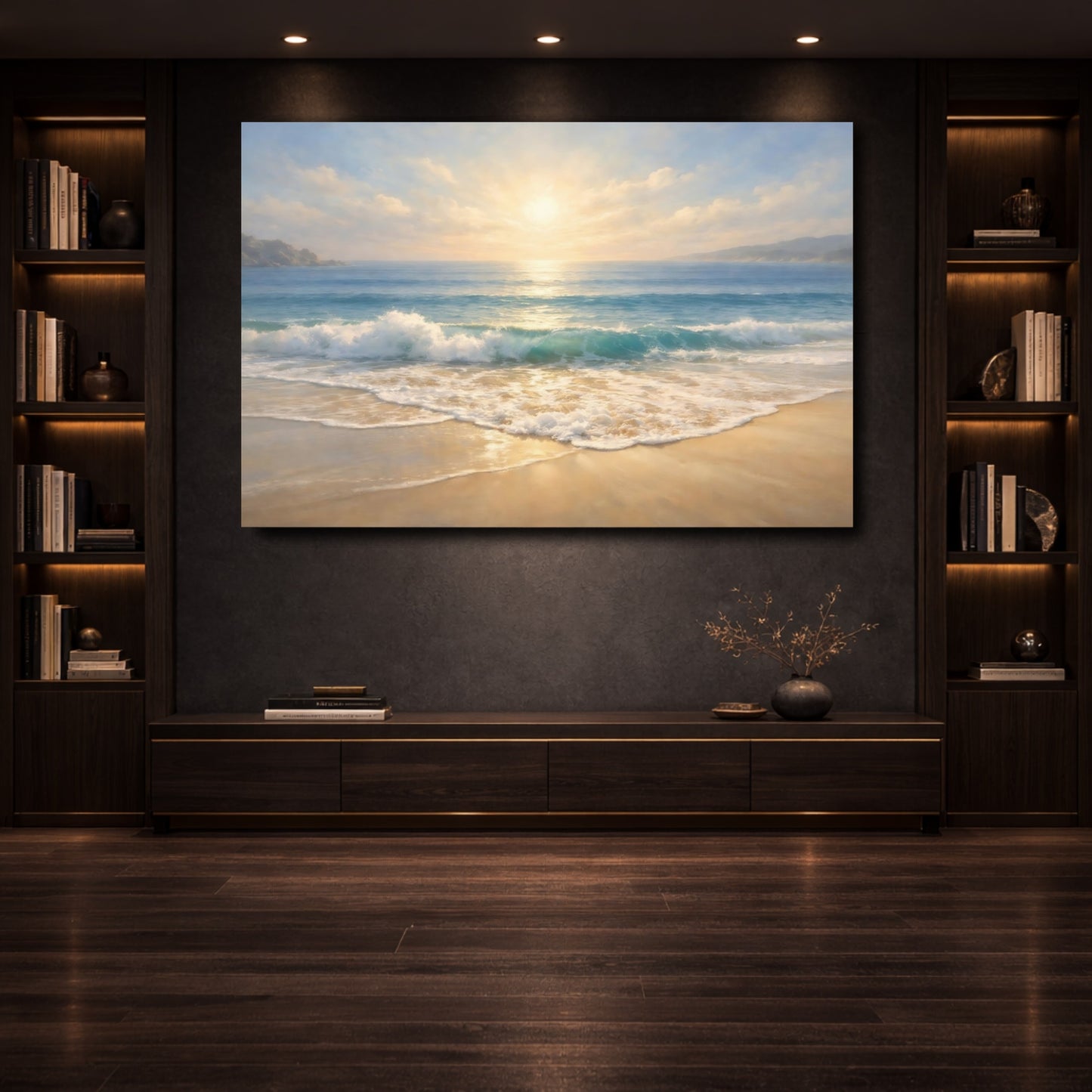 Mockup 3. Nature Beach Sunset Blue And Gold shown as stretched canvas wall art
