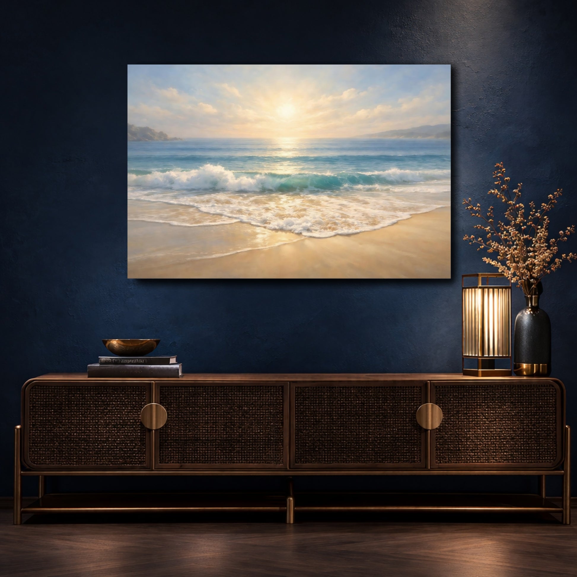 Mockup 4. Nature Beach Sunset Blue And Gold shown as stretched canvas wall art