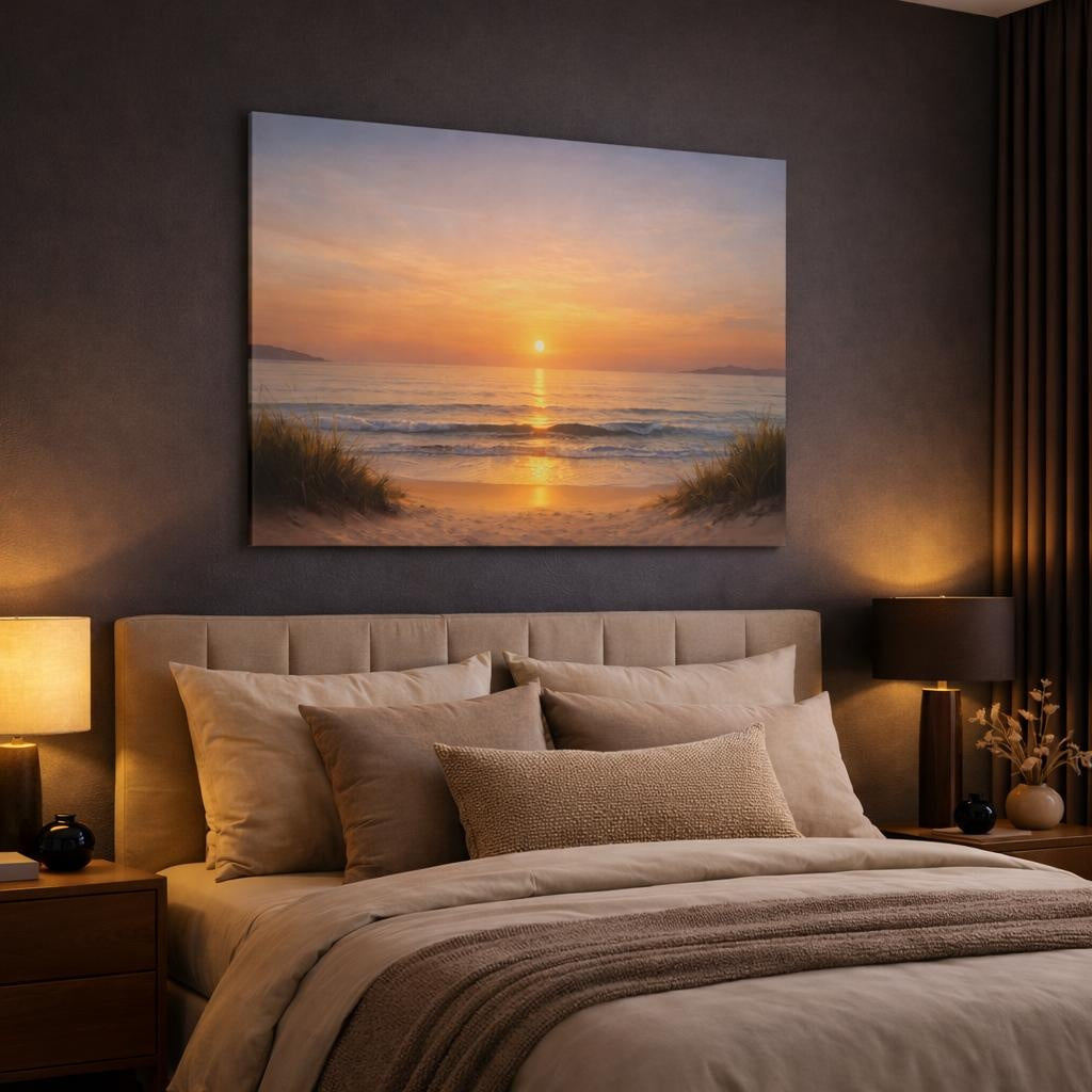 Nature Beach Sunset shown as canvas wall art in a luxury bedroom