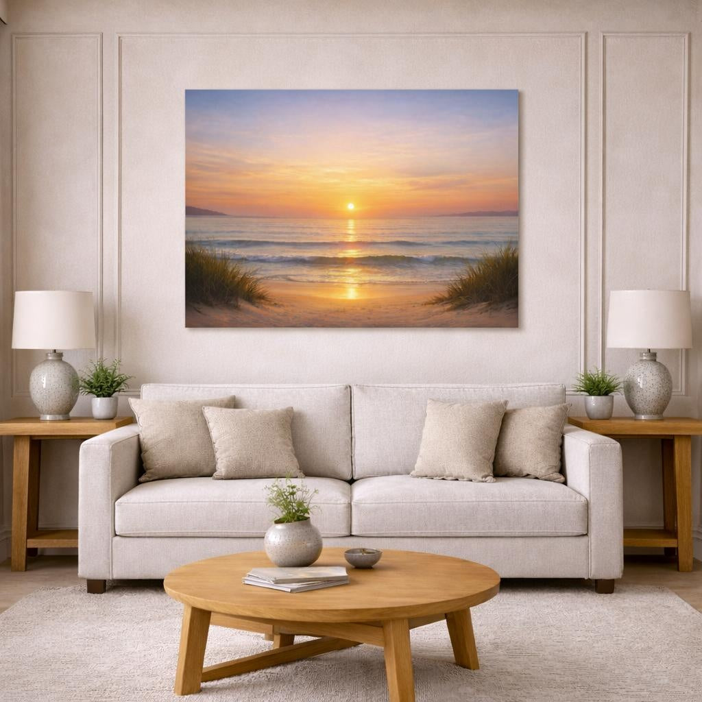 Nature Beach Sunset shown as canvas wall art in a modern living room