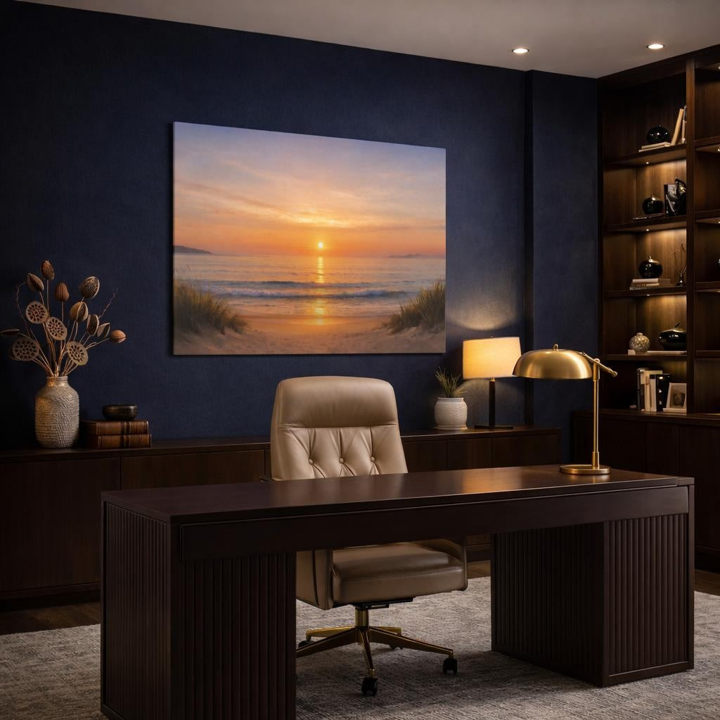 Nature Beach Sunset shown as canvas wall art in a luxury executive office