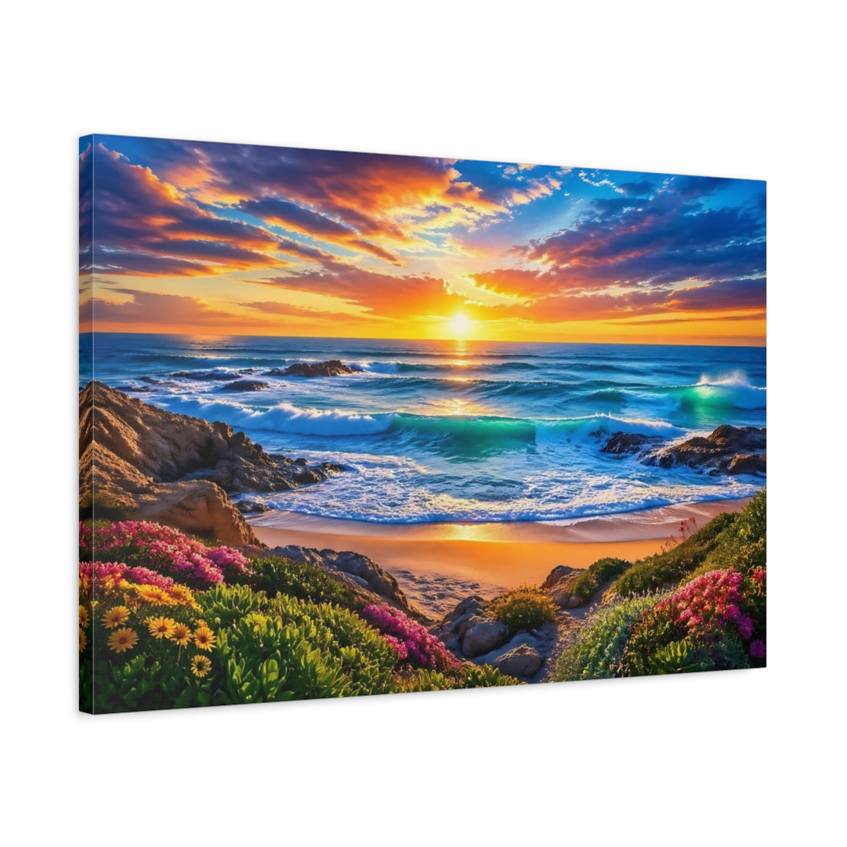 Side Mockup 2. Nature Beach Sunset Sunset Beach shown as stretched canvas wall art