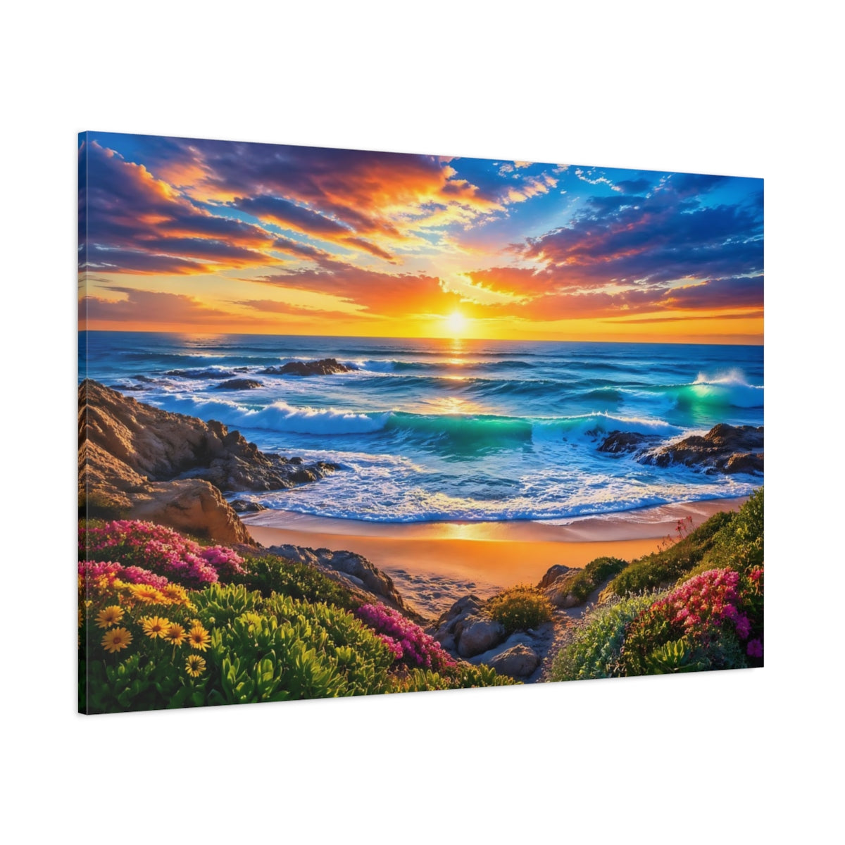 Side Mockup 1. Nature Beach Sunset Sunset Beach shown as stretched canvas wall art