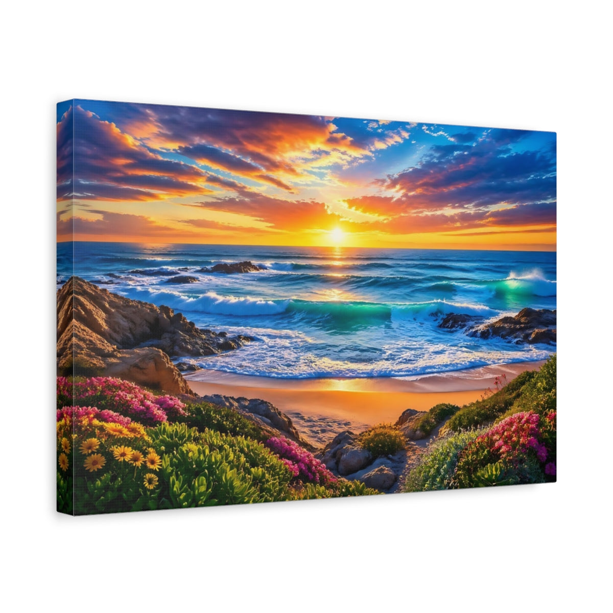Side Mockup 4. Nature Beach Sunset Sunset Beach shown as stretched canvas wall art