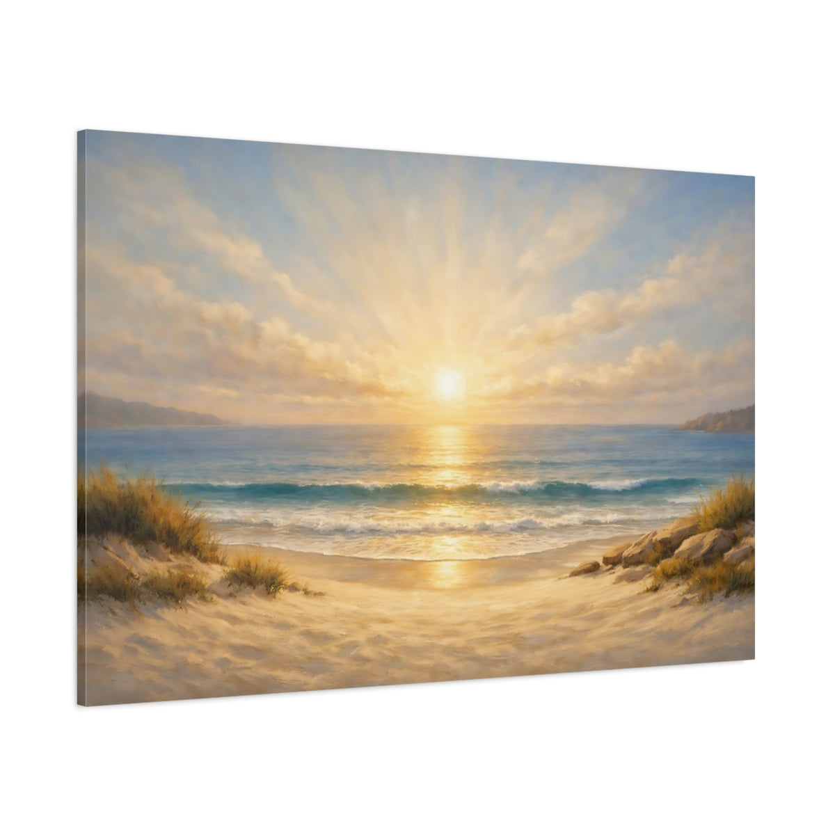 Main Mockup. Nature Beach Sunset Golden Beach Sunset shown as stretched canvas wall art