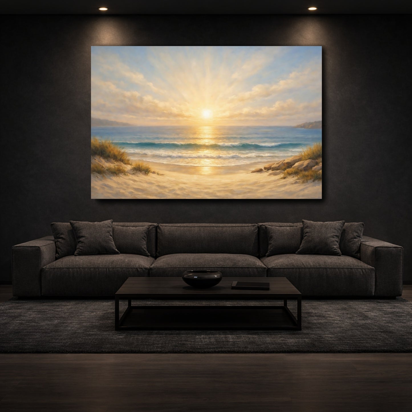Mockup 2. Nature Beach Sunset Golden Beach Sunset shown as stretched canvas wall art