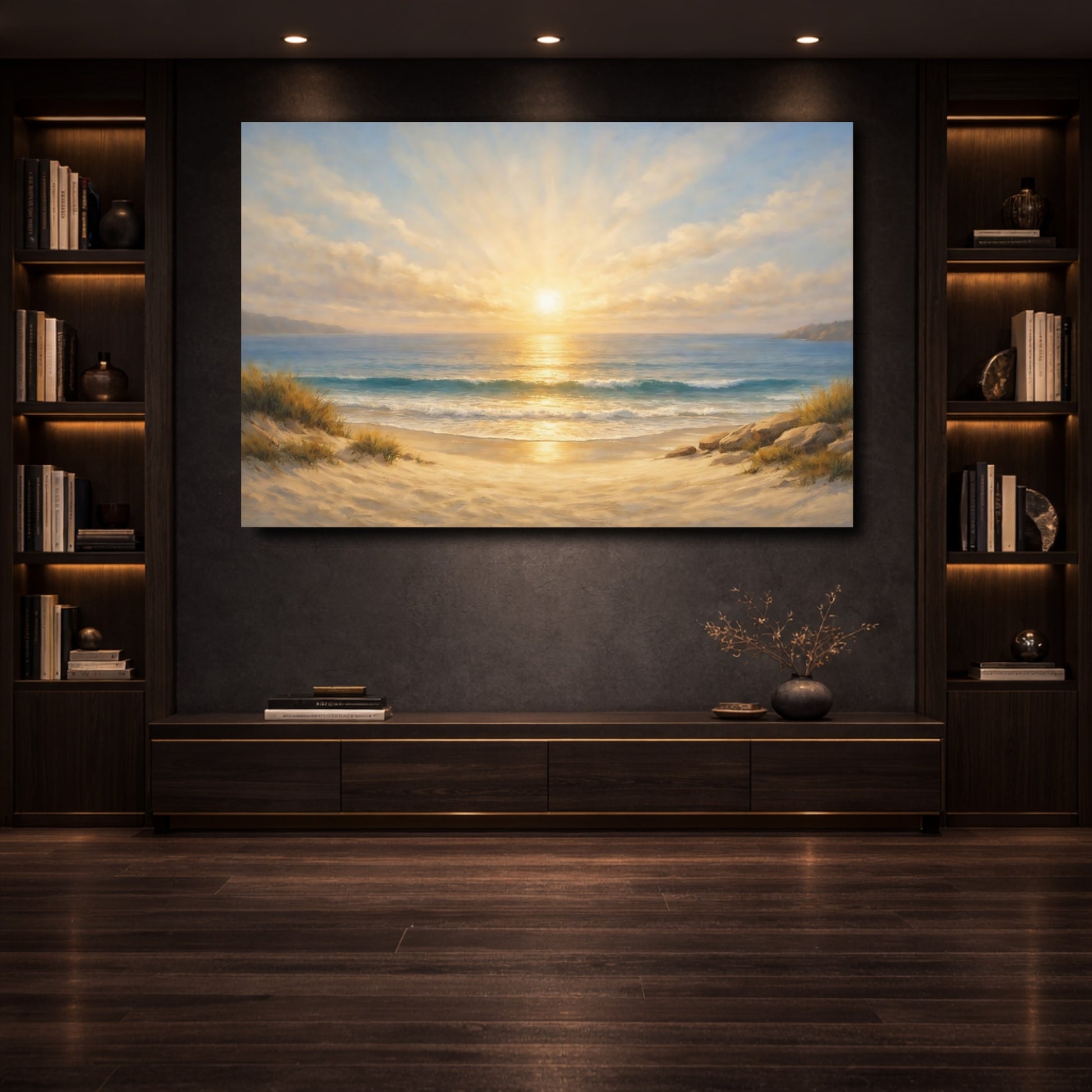 Mockup 3. Nature Beach Sunset Golden Beach Sunset shown as stretched canvas wall art