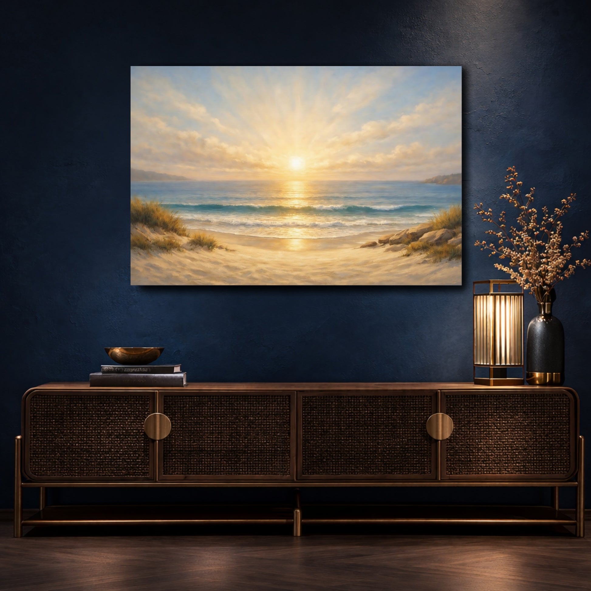 Mockup 4. Nature Beach Sunset Golden Beach Sunset shown as stretched canvas wall art