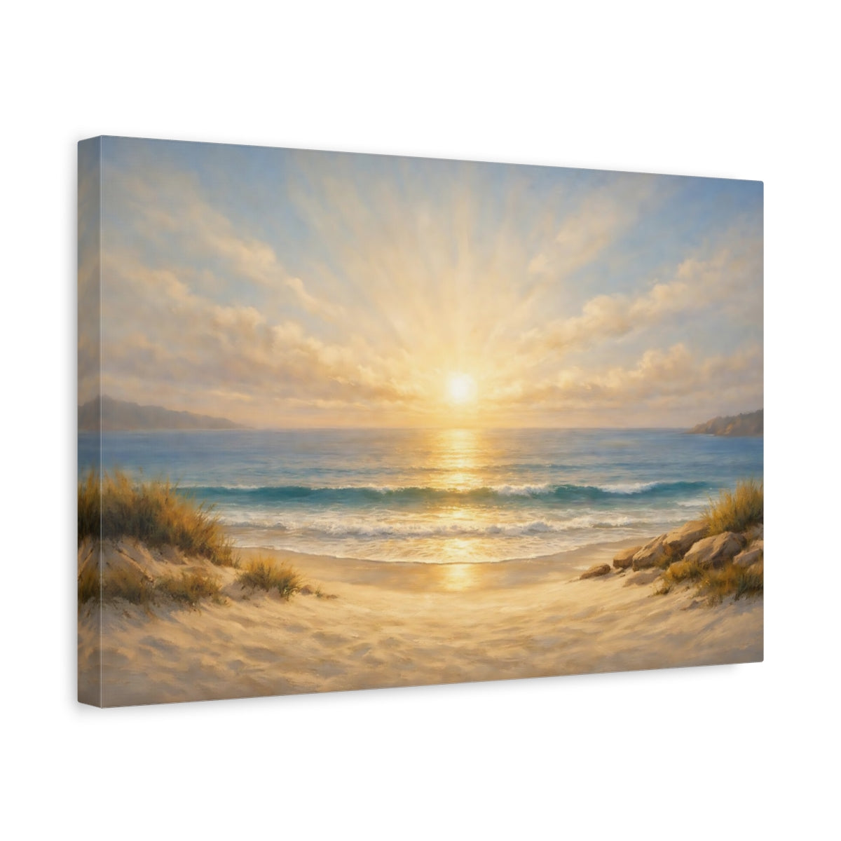 Side Mockup 4. Nature Beach Sunset Golden Beach Sunset shown as stretched canvas wall art