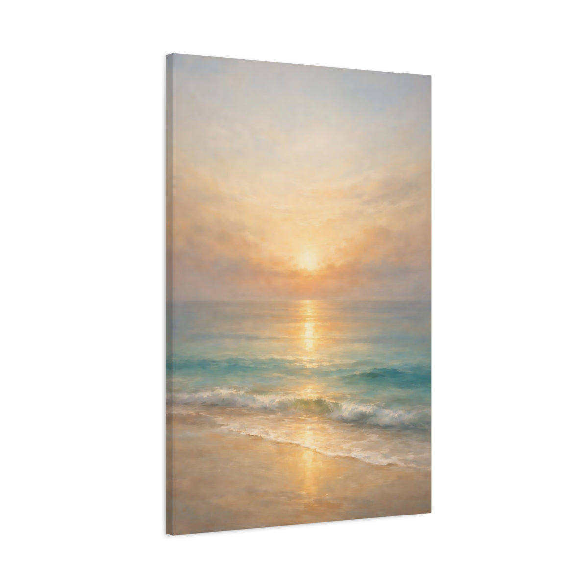 Side Mockup 1. Nature Beach Sunset Golden Ocean shown as stretched canvas wall art
