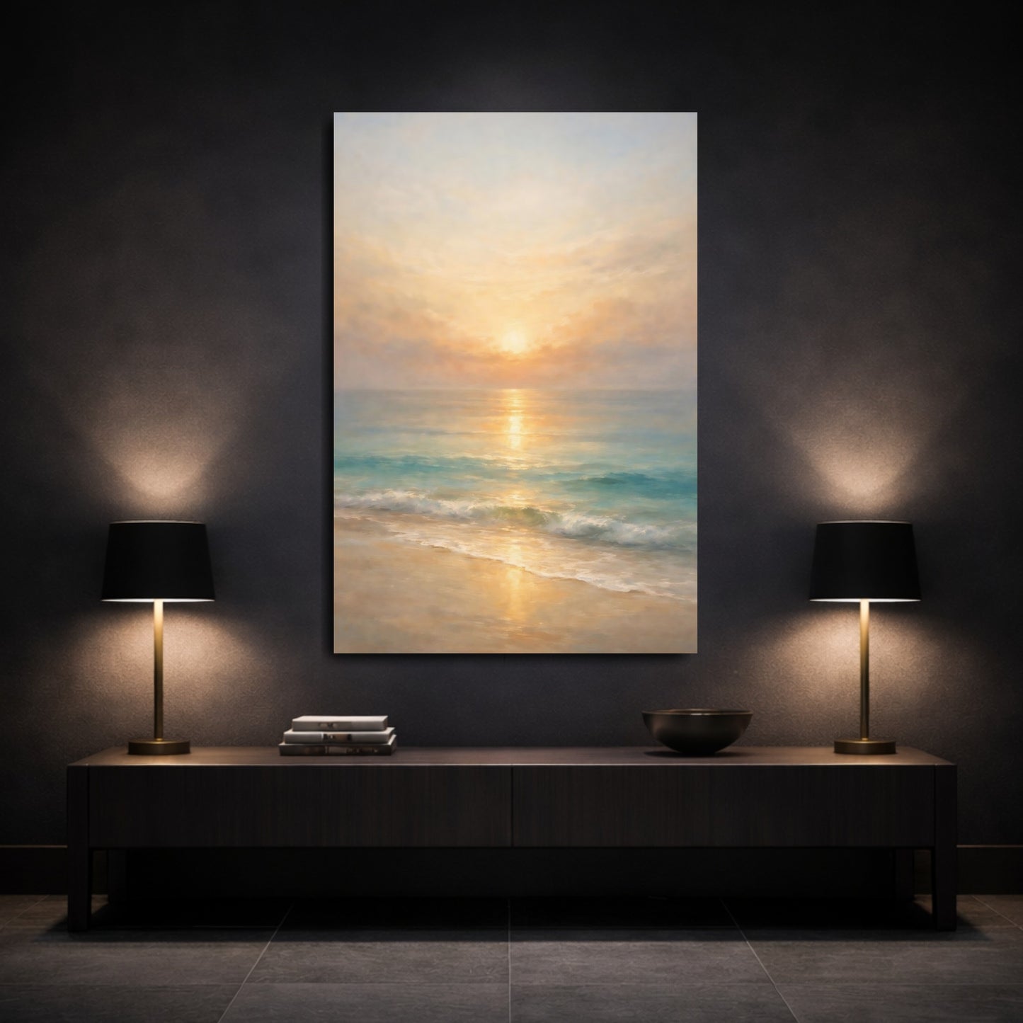 Mockup 2. Nature Beach Sunset Golden Ocean shown as stretched canvas wall art
