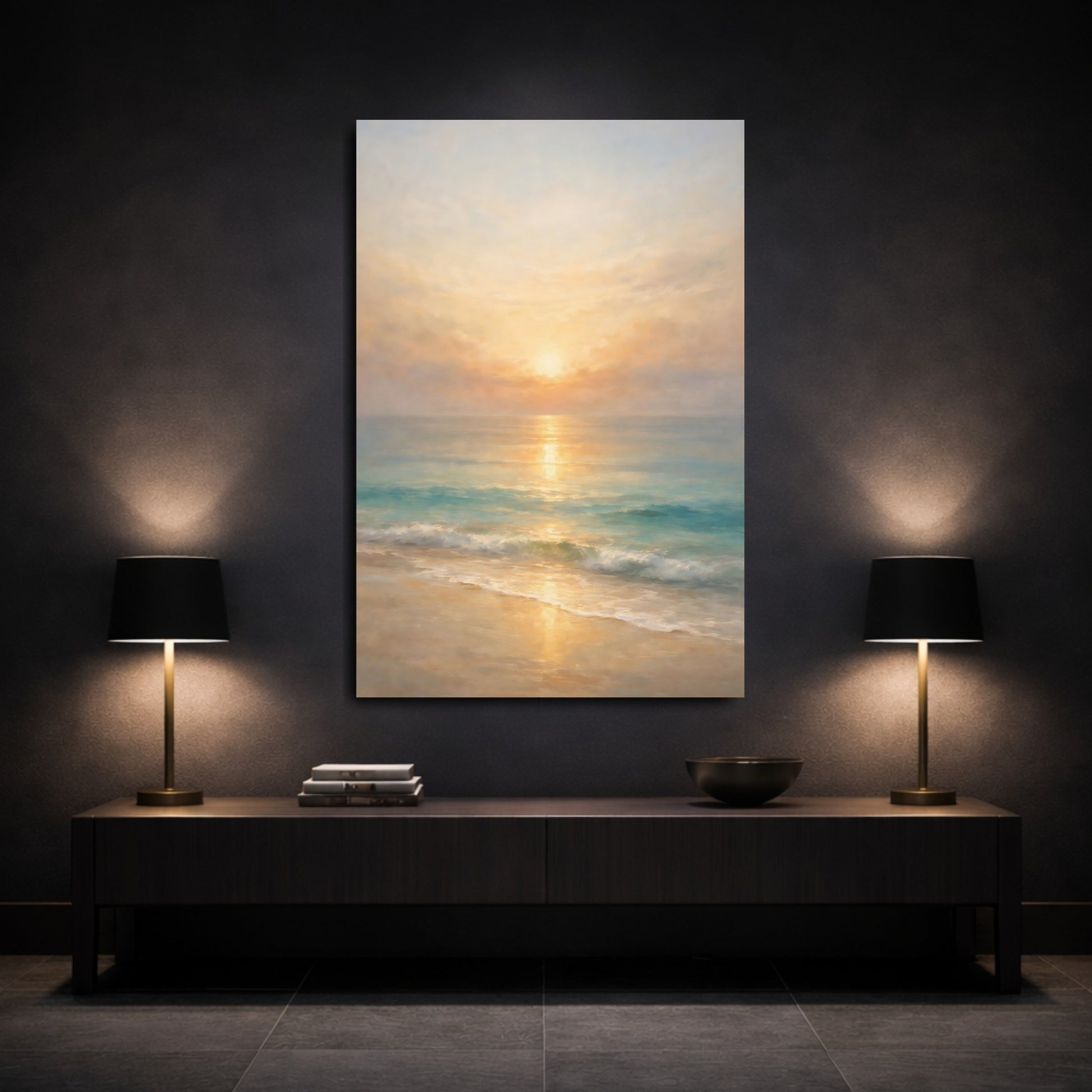 Mockup 2. Nature Beach Sunset Golden Ocean shown as stretched canvas wall art