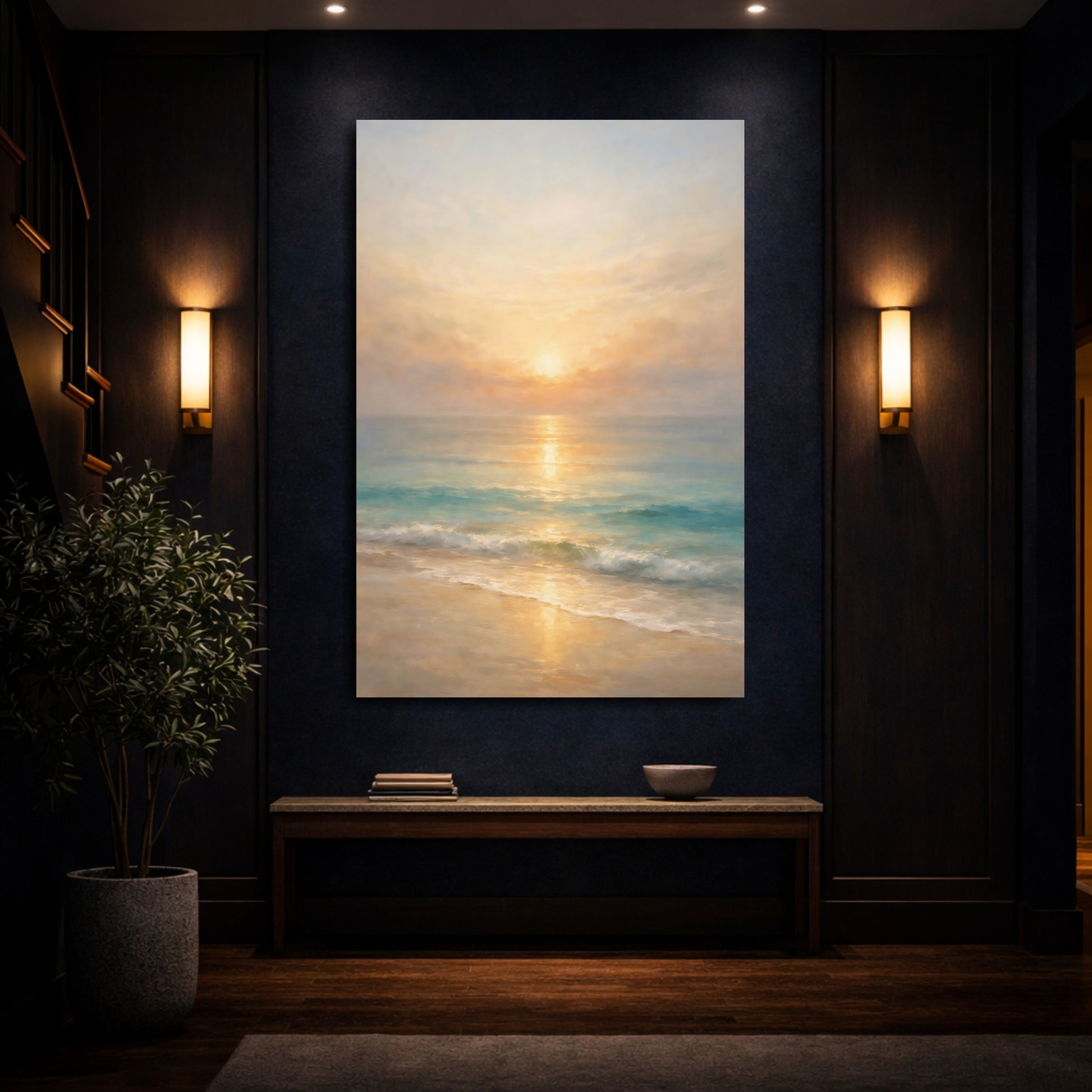 Mockup 3. Nature Beach Sunset Golden Ocean shown as stretched canvas wall art