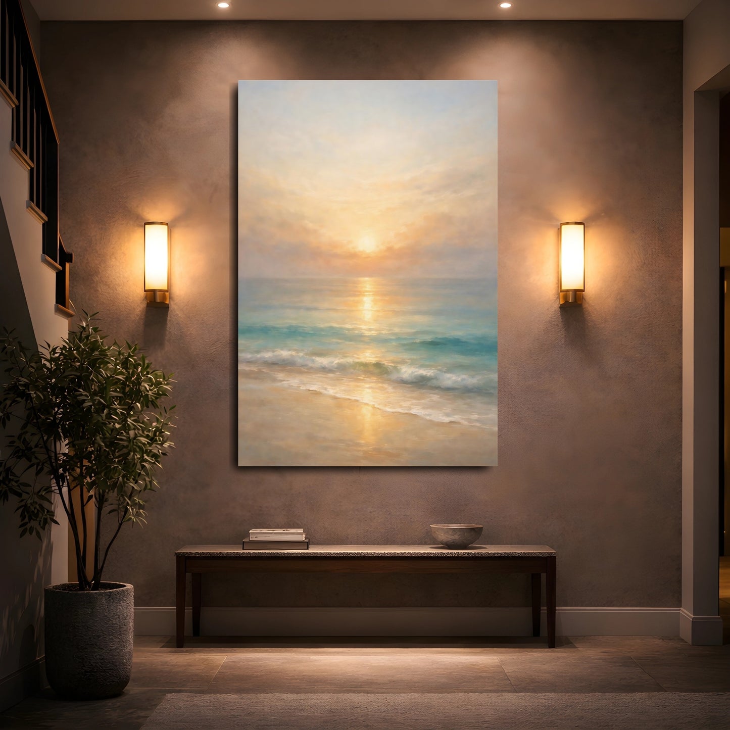 Mockup 4. Nature Beach Sunset Golden Ocean shown as stretched canvas wall art