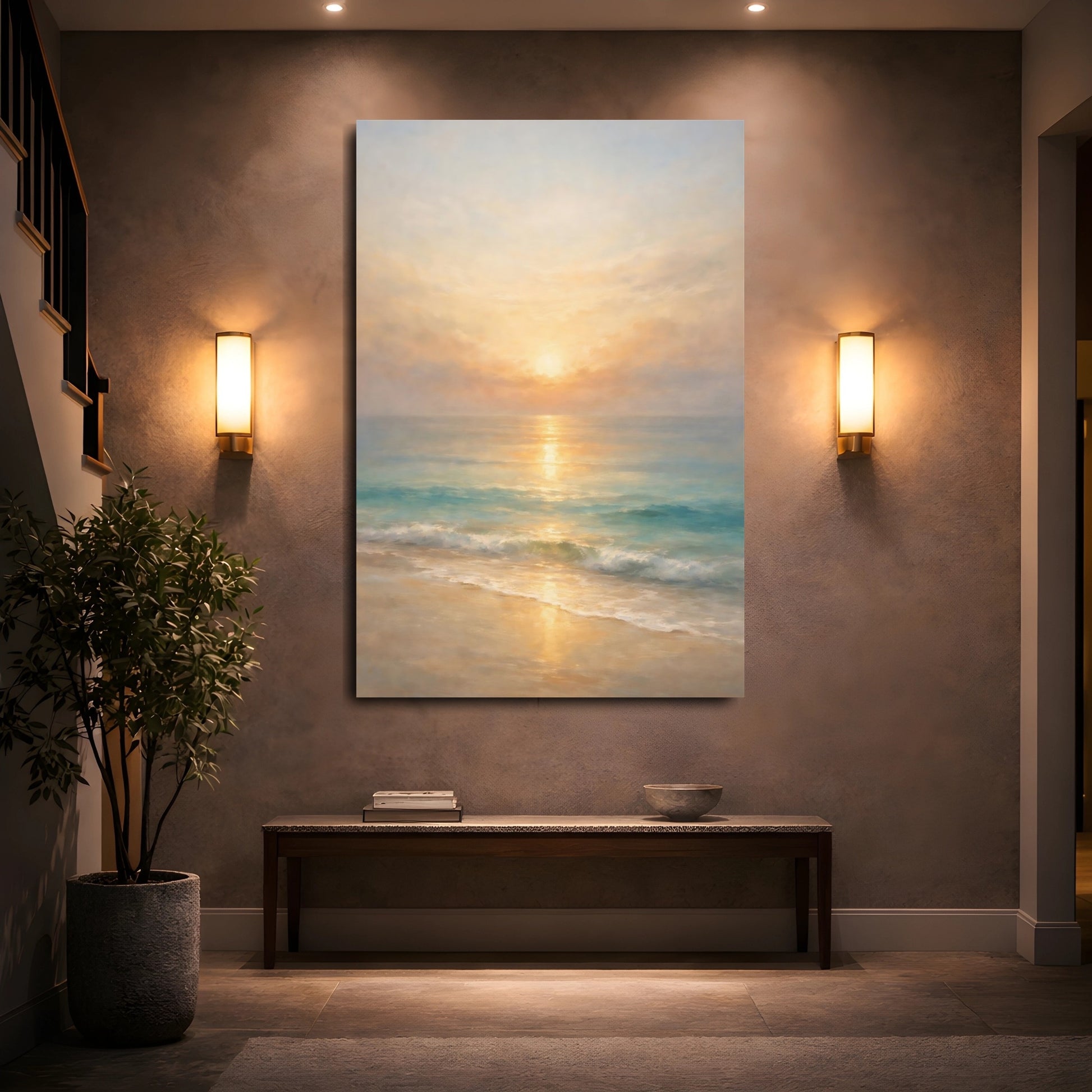 Mockup 4. Nature Beach Sunset Golden Ocean shown as stretched canvas wall art