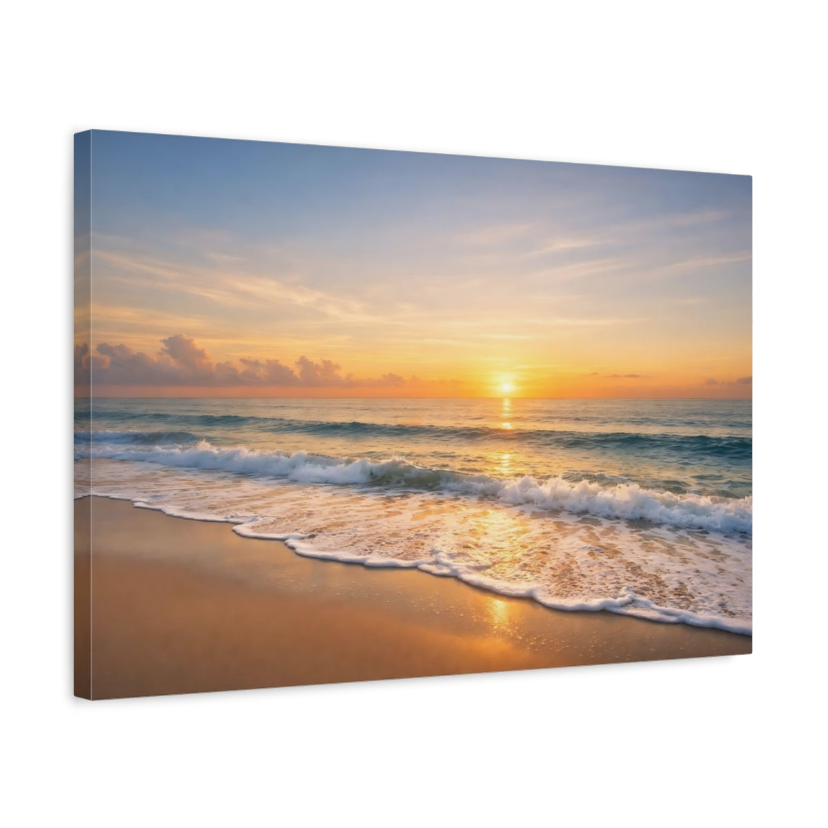 Side Mockup 3. Nature Beach Sunset Orange Blue Sunset shown as stretched canvas wall art