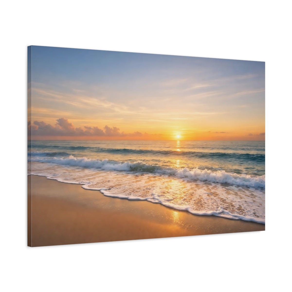 Main Mockup. Nature Beach Sunset Orange Blue Sunset shown as stretched canvas wall art