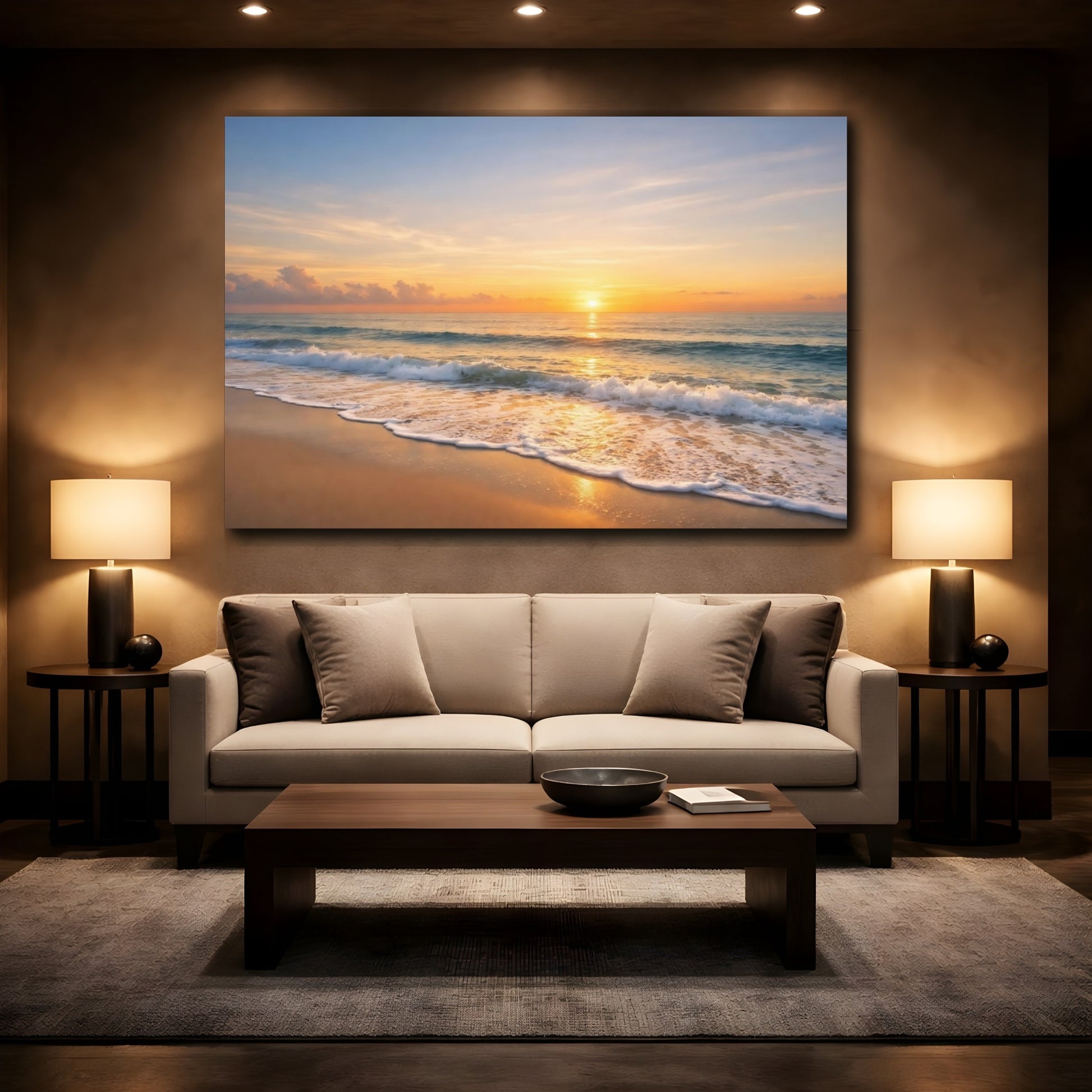 Mockup 2. Nature Beach Sunset Orange Blue Sunset shown as stretched canvas wall art