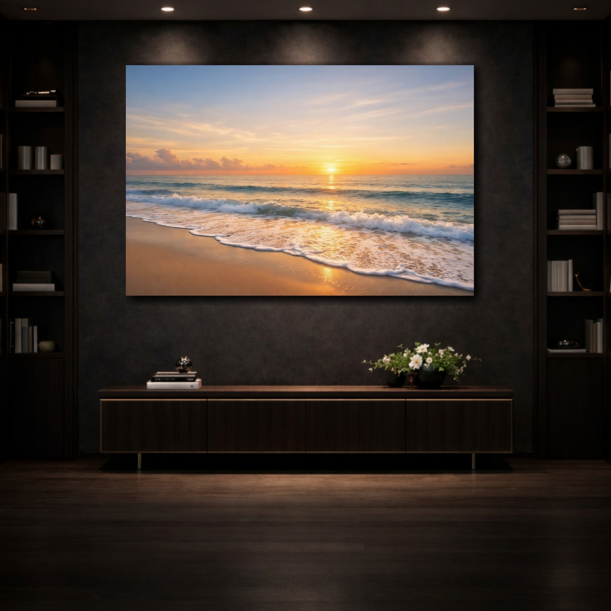 Mockup 3. Nature Beach Sunset Orange Blue Sunset shown as stretched canvas wall art