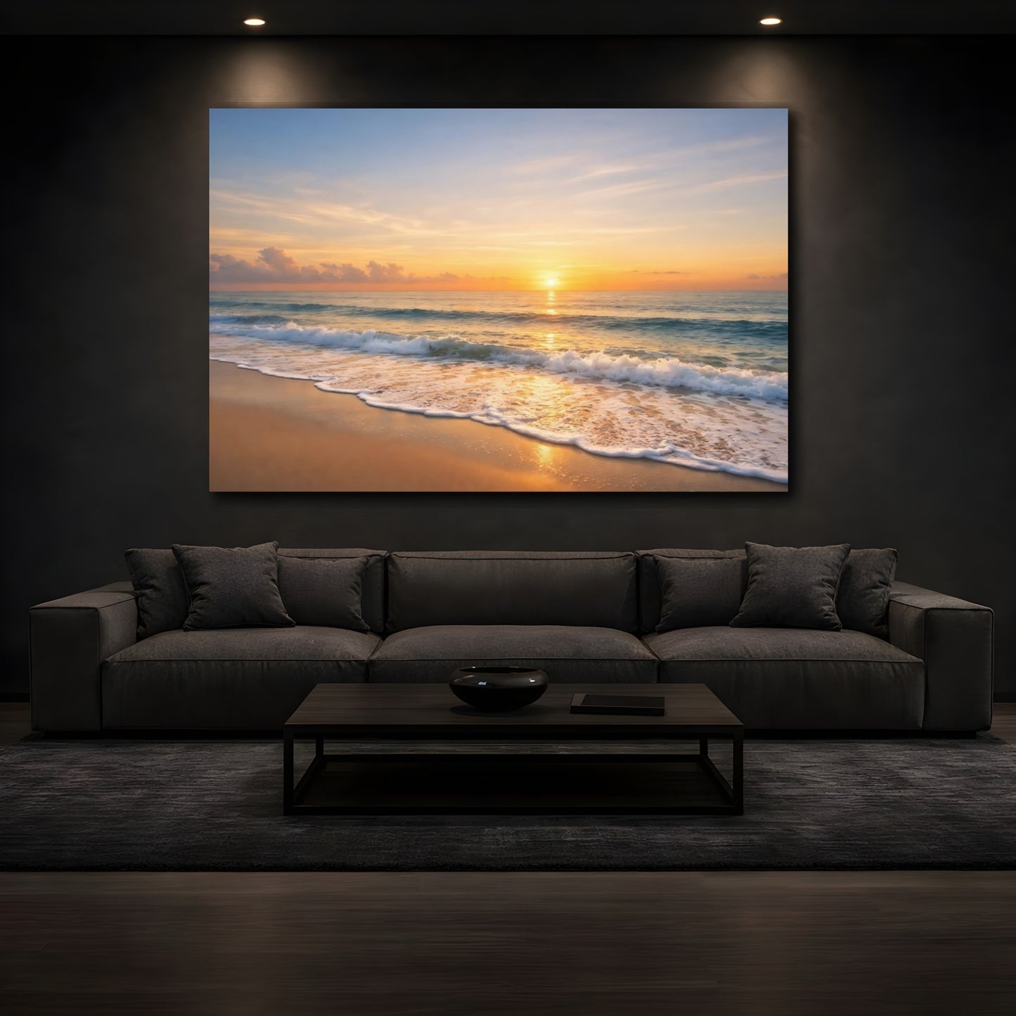 Mockup 4. Nature Beach Sunset Orange Blue Sunset shown as stretched canvas wall art