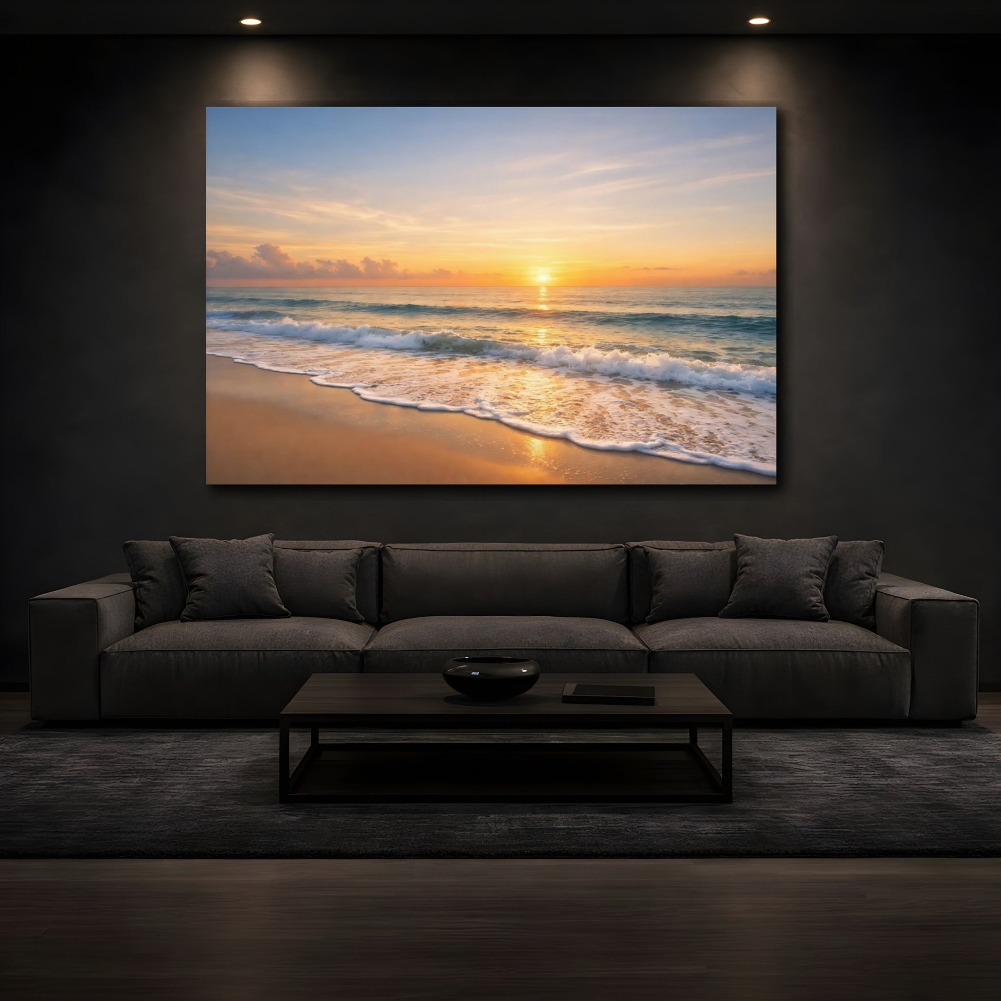 Mockup 4. Nature Beach Sunset Orange Blue Sunset shown as stretched canvas wall art