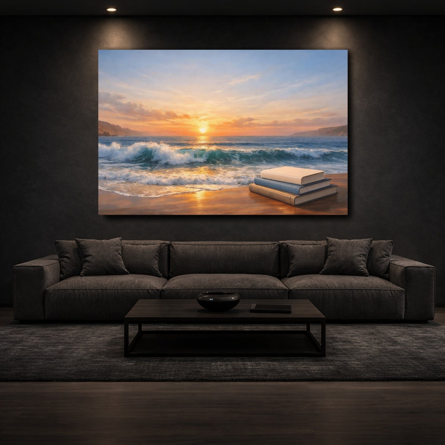 Mockup 2. Nature Beach Sunset Sunset Beach Books shown as stretched canvas wall art