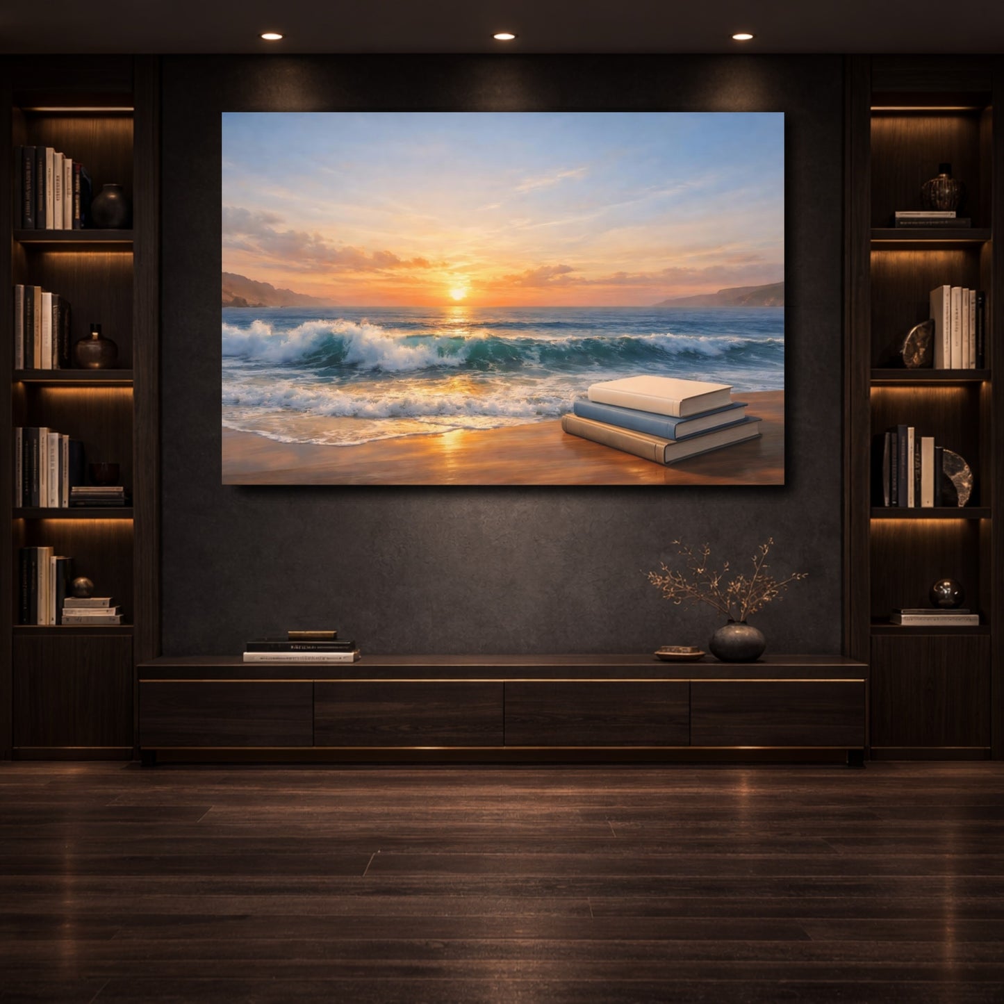 Mockup 3. Nature Beach Sunset Sunset Beach Books shown as stretched canvas wall art