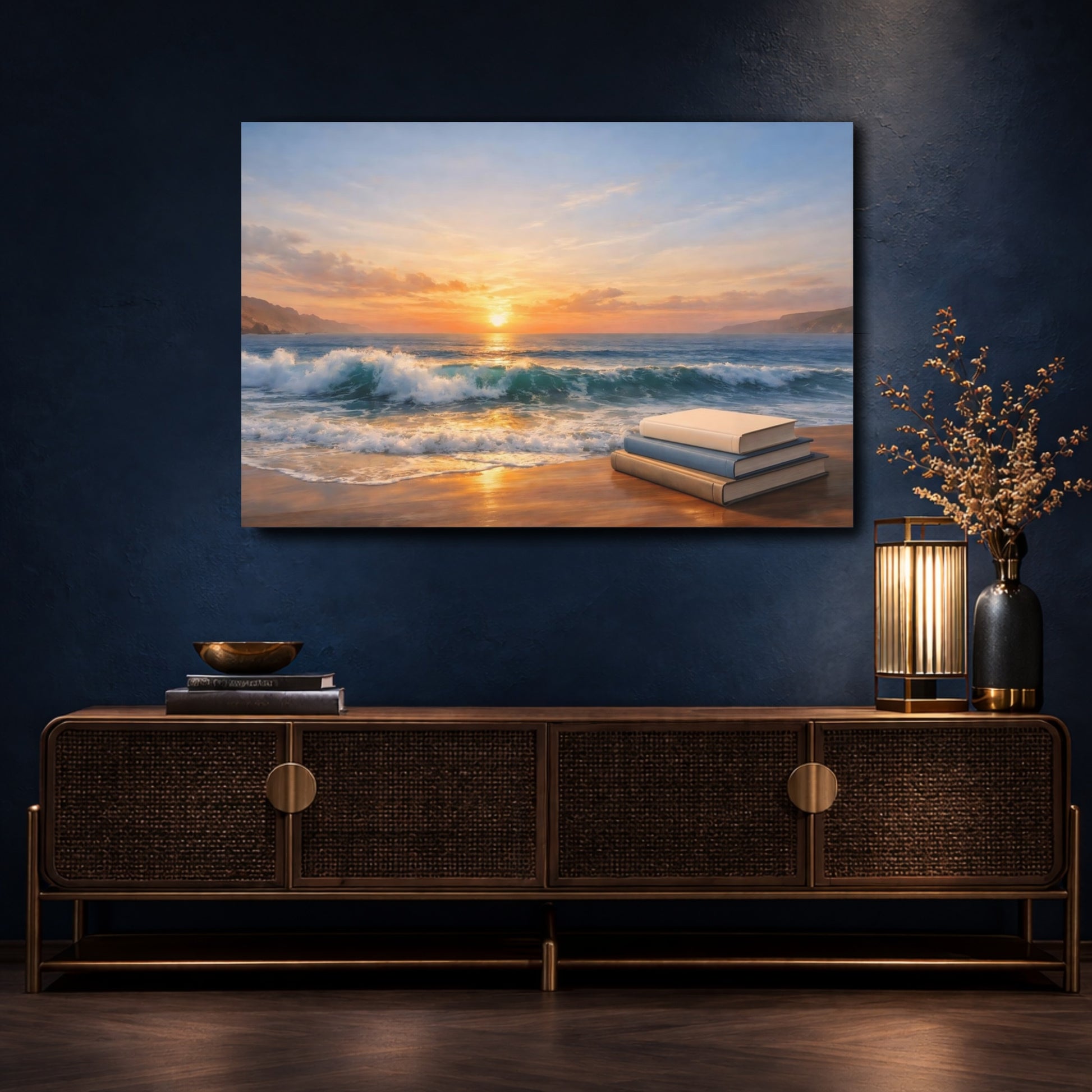 Mockup 4. Nature Beach Sunset Sunset Beach Books shown as stretched canvas wall art