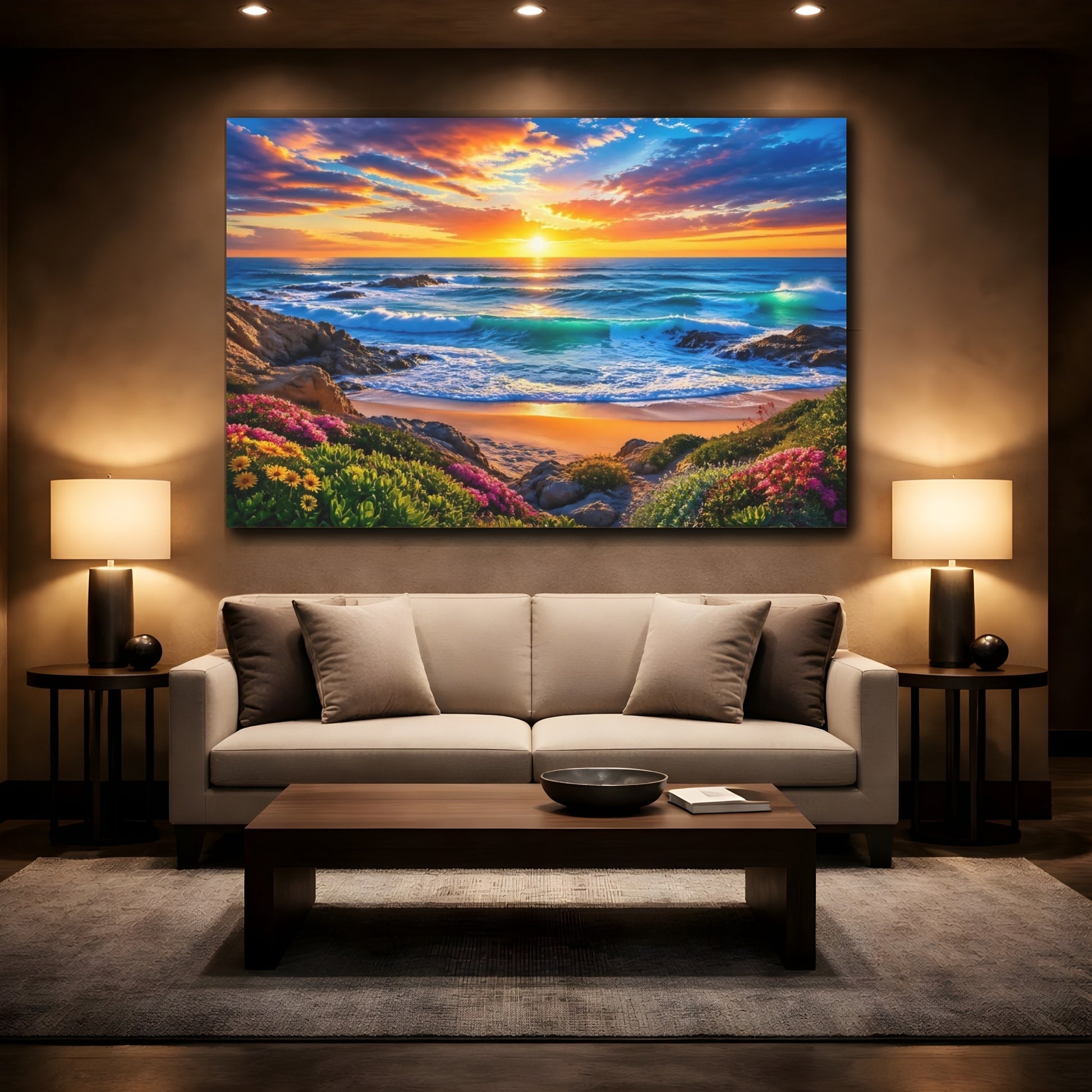 Mockup 2. Nature Beach Sunset Sunset Beach shown as stretched canvas wall art