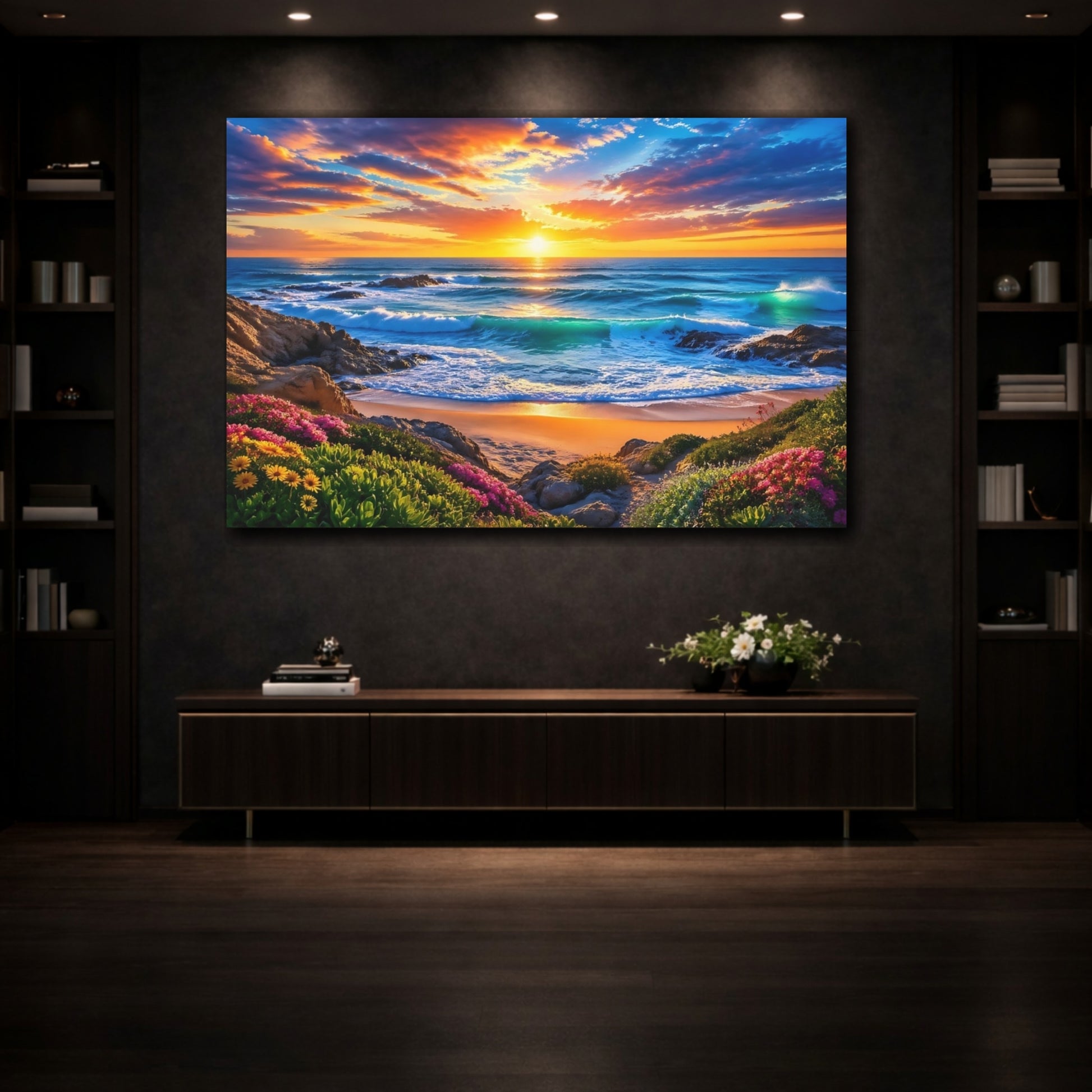 Mockup 3. Nature Beach Sunset Sunset Beach shown as stretched canvas wall art