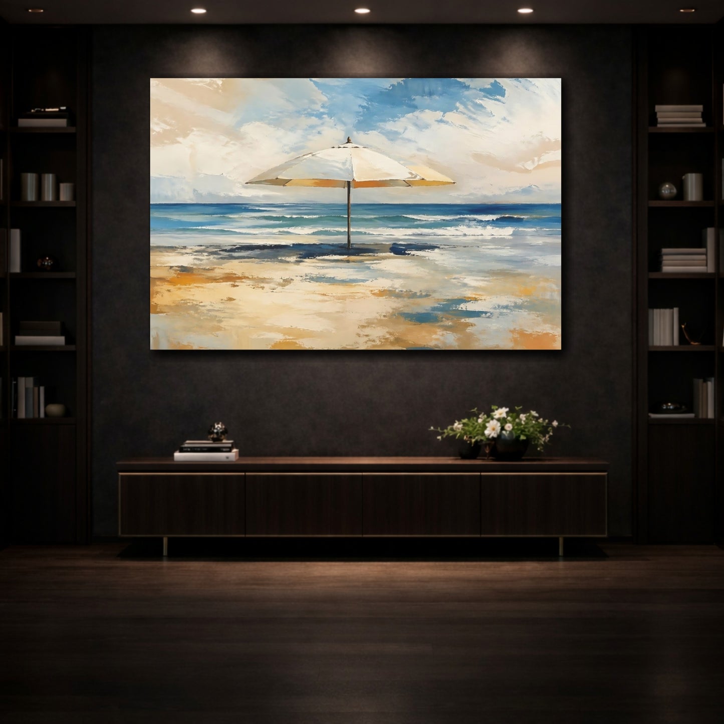 Mockup 3. Nature Beach Umbrella Beach Umbrella Blue shown as stretched canvas wall art