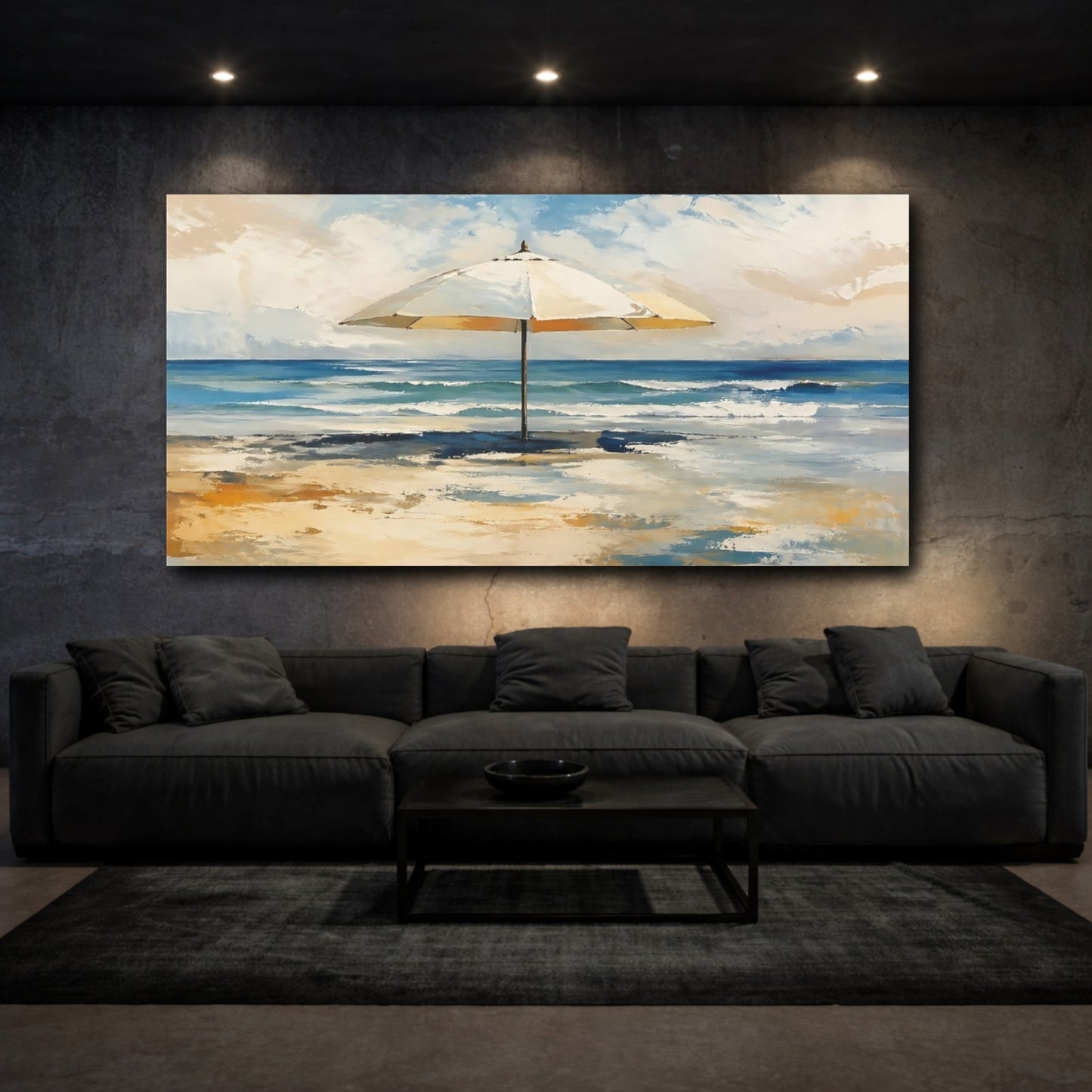Mockup 2. Nature Beach Umbrella Blue And Yellow Beach shown as stretched canvas wall art