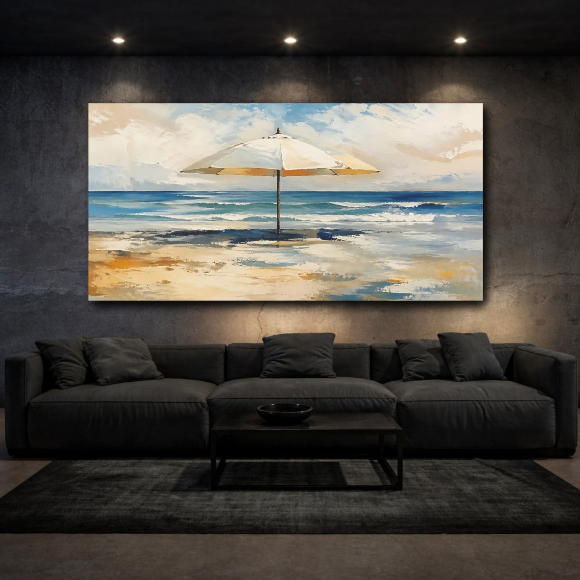 Mockup 2. Nature Beach Umbrella Blue And Yellow Beach shown as stretched canvas wall art